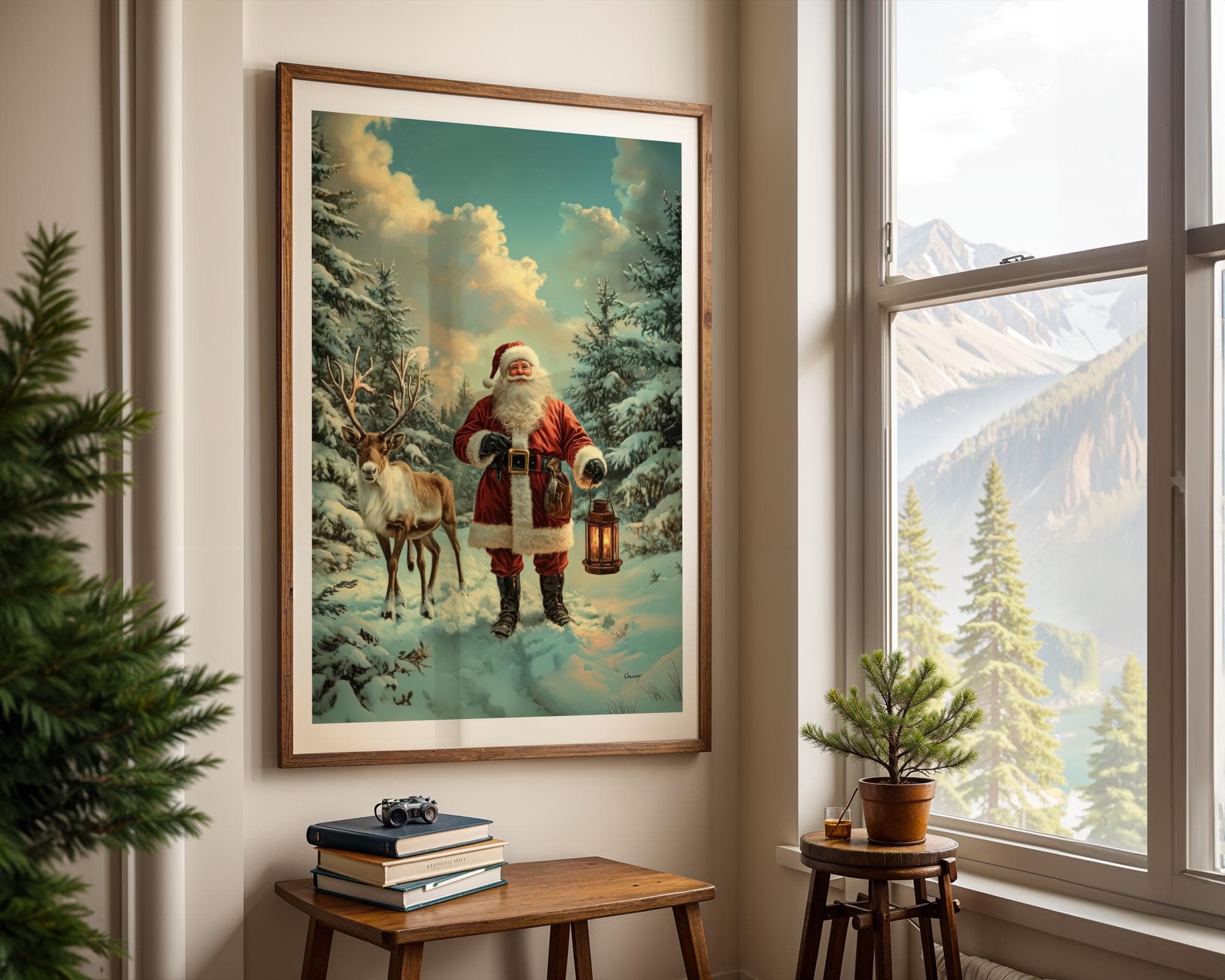 Santa Claus and Reindeer in a Snowy Forest - Winter Christmas Wall Art Print, Nostalgic Christmas Wall Decor, Christmas Wall Art, Santa Art - view 6