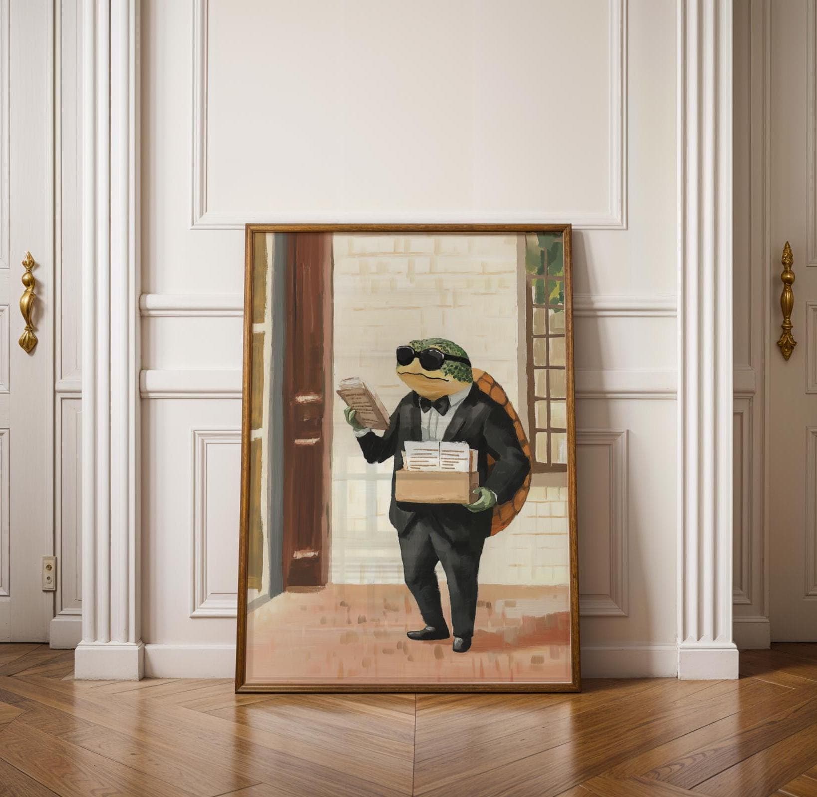 Whimsical Turtle Art Print, Quirky Animal Art, Funny Office Wall Art, Quirky Turtle Delivery Man Print, Playful Animal Wall Art, Turtle Art