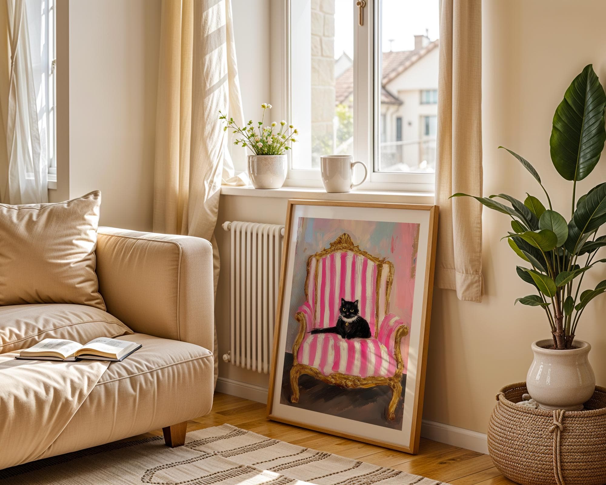 Black Cat on Pink Striped Chair, Pink Wall Art, Whimsical Cat Portrait, Quirky Wall Poster, Dopamine Wall Decor, Digital Download, Printable - view 3