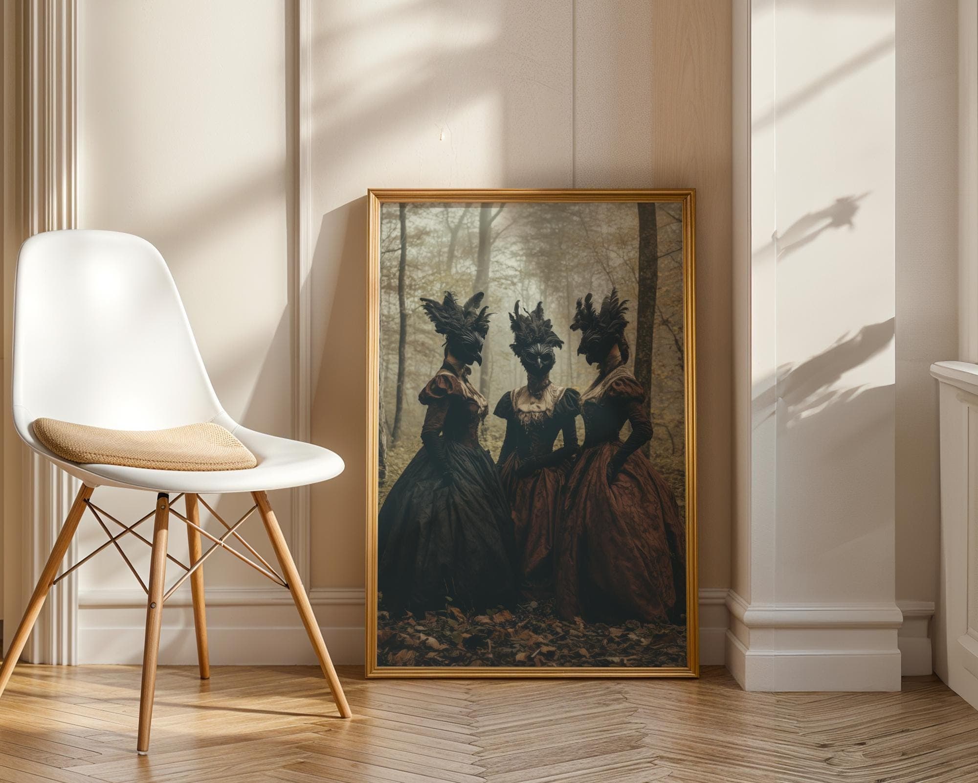 Gothic Crow Mask Women Wall Art – Dark Forest Surreal Print, Dark Fantasy Rococo Decor, Gothic Wall Decor, Eerie Surreal Print, Dark Decor - view 2