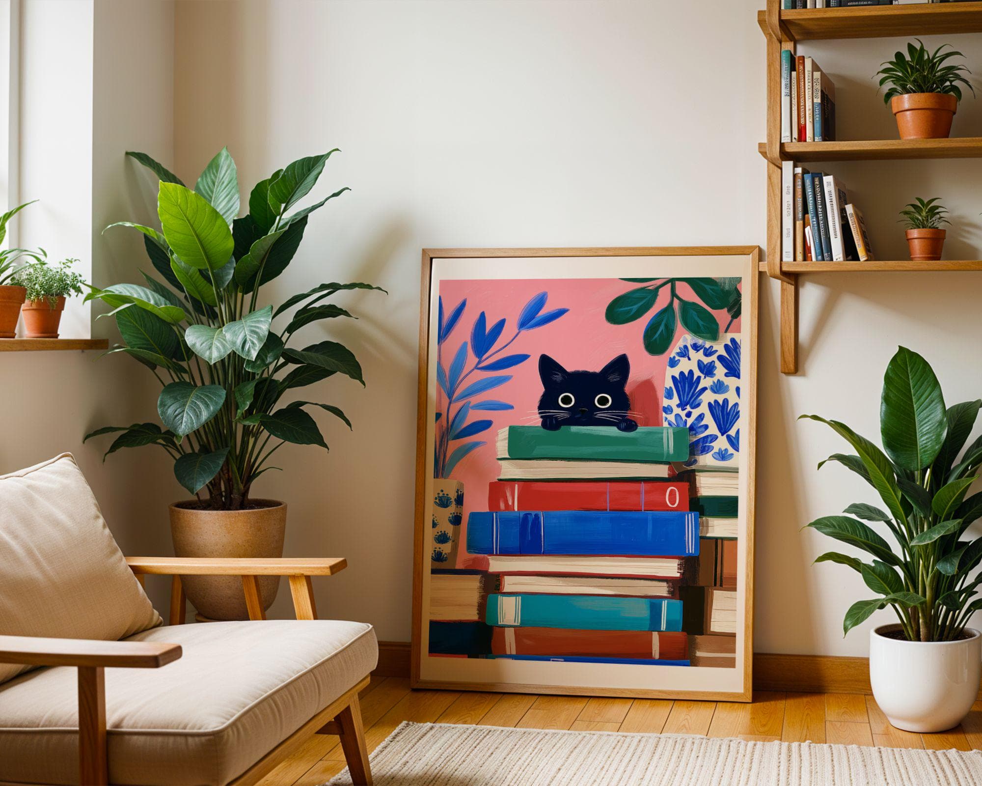 Whimsical Black Cat Wall Art, Book Lover Cat Art, Playful Black Cat Poster, Funny Black Cat Digital Painting, Pink Aesthetic Black Cat Decor - view 7