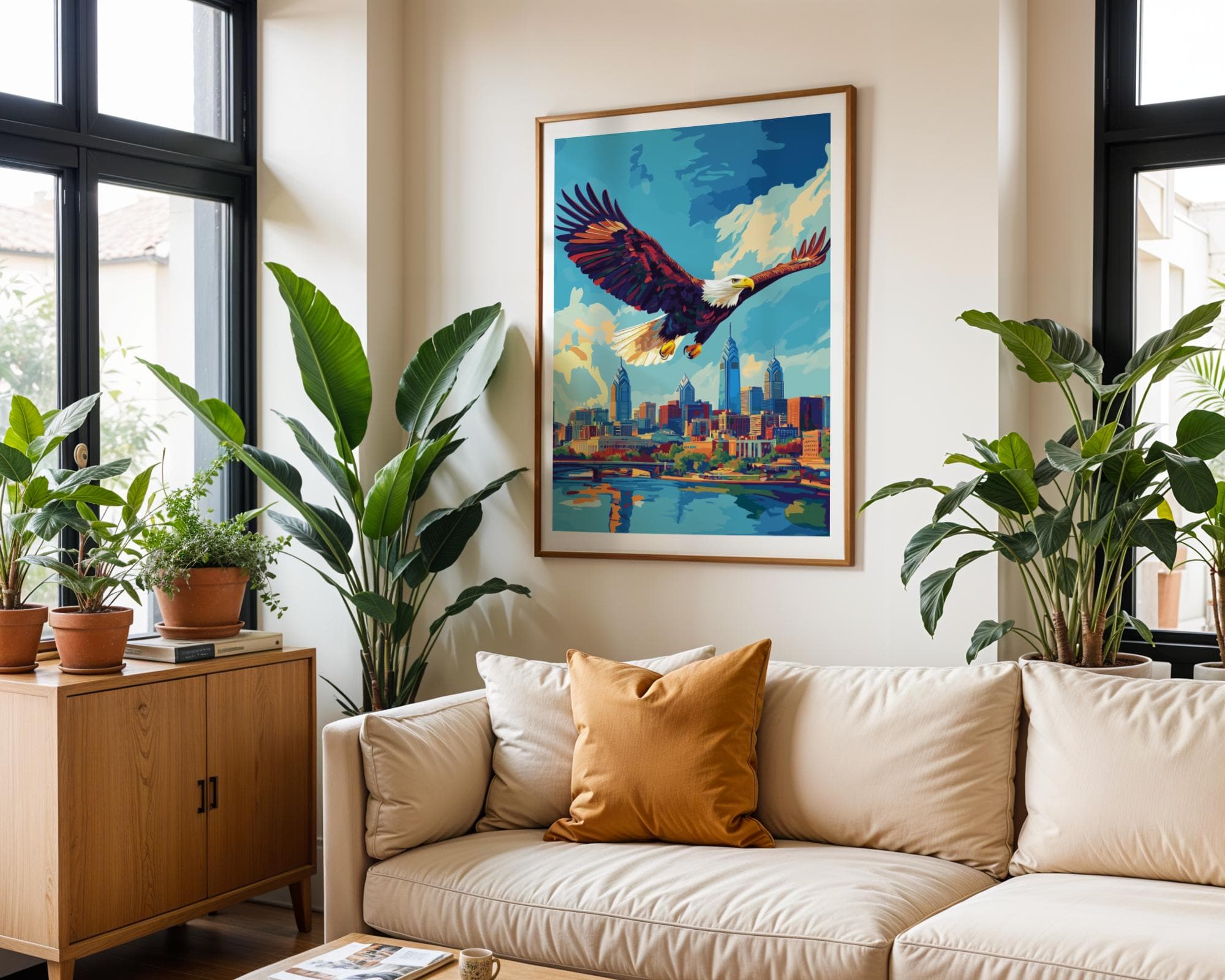 Philadelphia Wall Art, Blue Sky City Poster, Philadelphia Modern Decor, Majestic Eagle Print, Cityscape Painting, Digital Download - view 5
