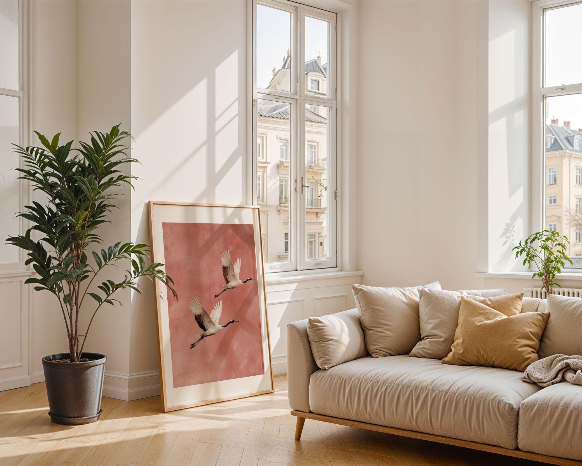 Japandi Crane Wall Art, Wabi-Sabi Decor, Scandinavian Wall Art,Minimal Birds, Neutral Tones, Flying Crane Wall Art, Blush Pink Bird Painting - view 5