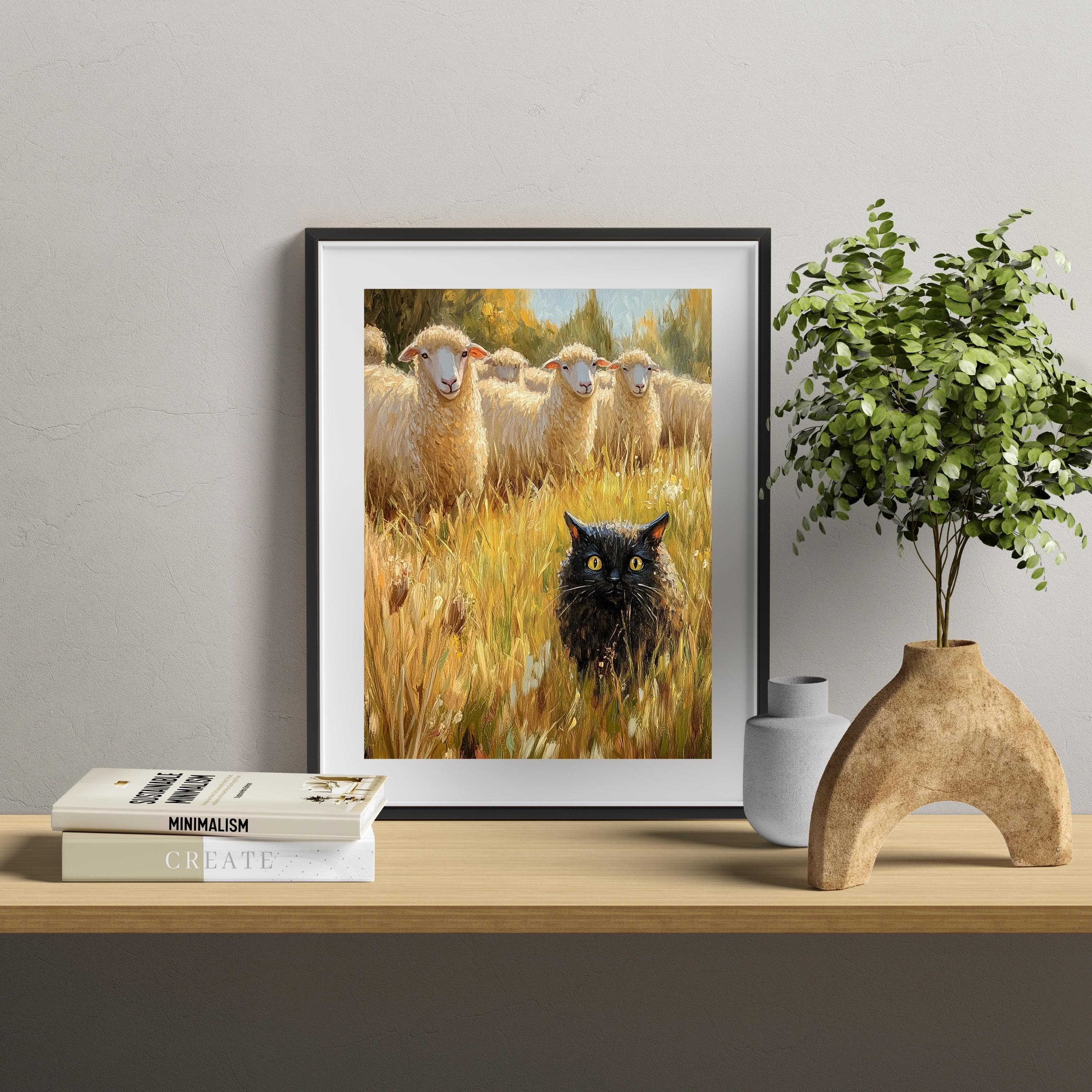 Funny Black Cat with Sheep – Whimsical Farm Wall Art, Rustic Farmhouse Art, Funny Wall Decor, Funny Black Cat Wall Poster, Quirky Black Cat - view 4