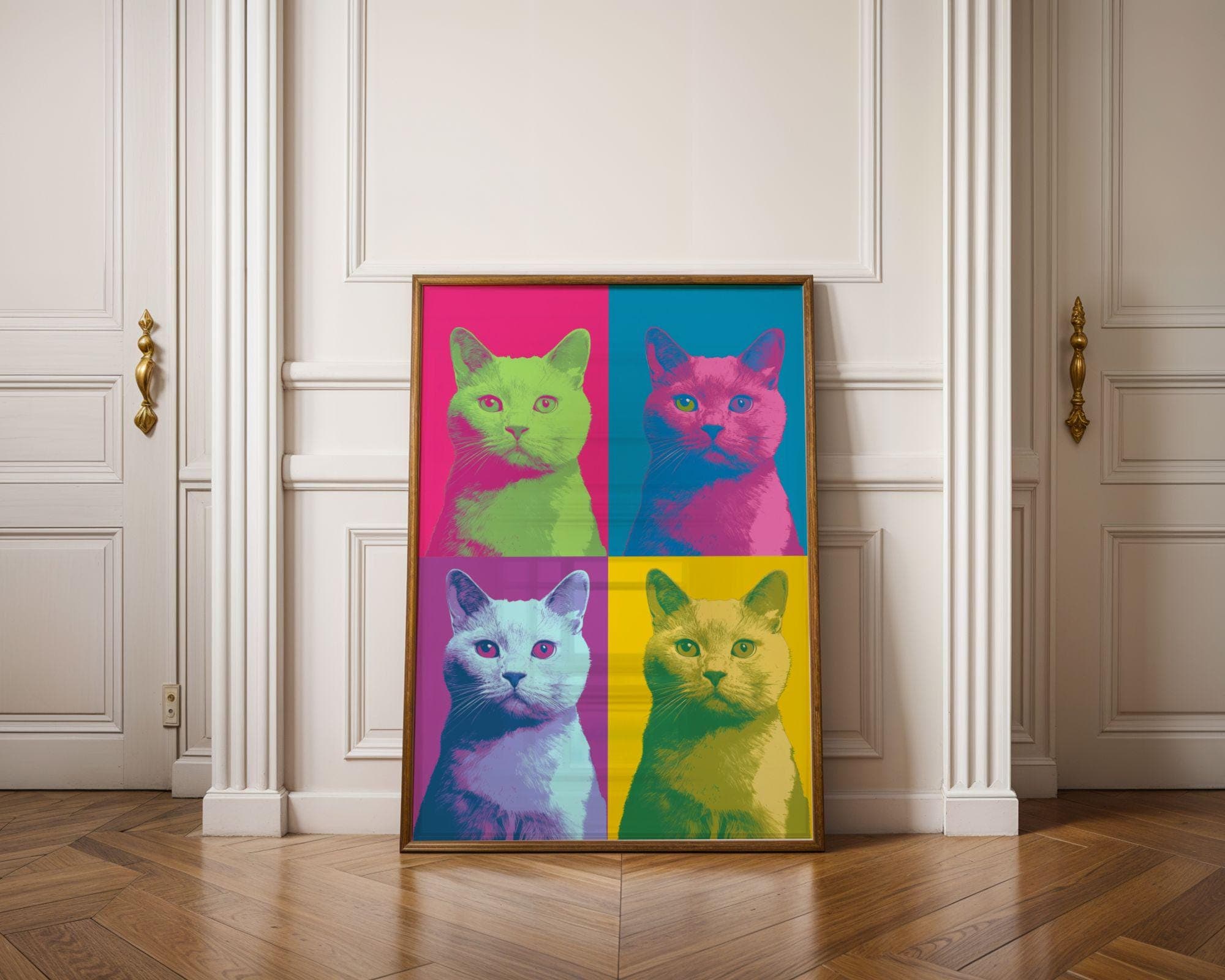 Pop Art Cat Quad, Colorful Wall Art, Pop Art Cat Wall Art, Colorful Cat Wall Decor, Quirky Cat Decor, Retro Cat Wall Poster, Funky Wall Art