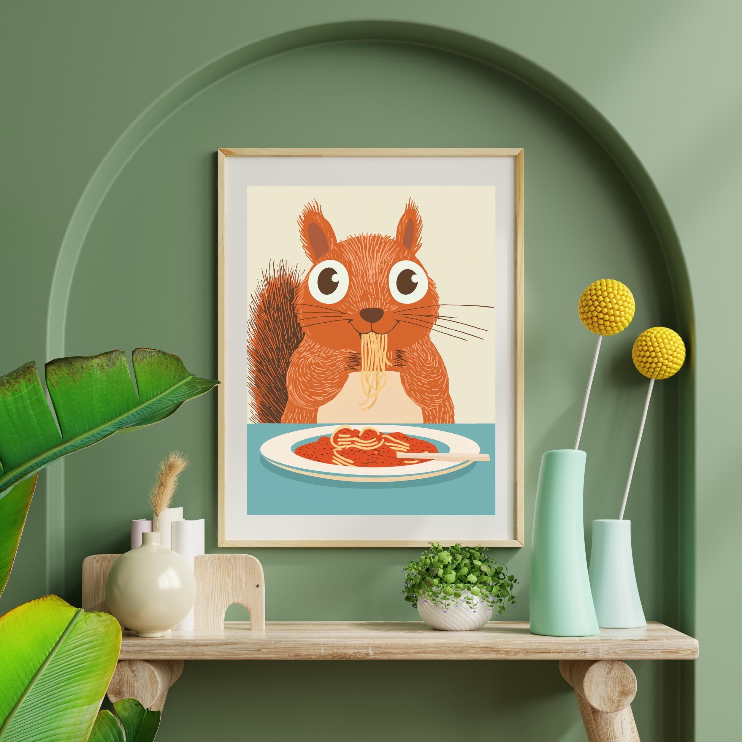 Squirrel Spaghetti Art Print,Whimsical Squirrel Kitchen Decor, Squirrel Pasta Print,Charming Squirrel Kitchen Print, Maximalist Squirrel Art - view 4