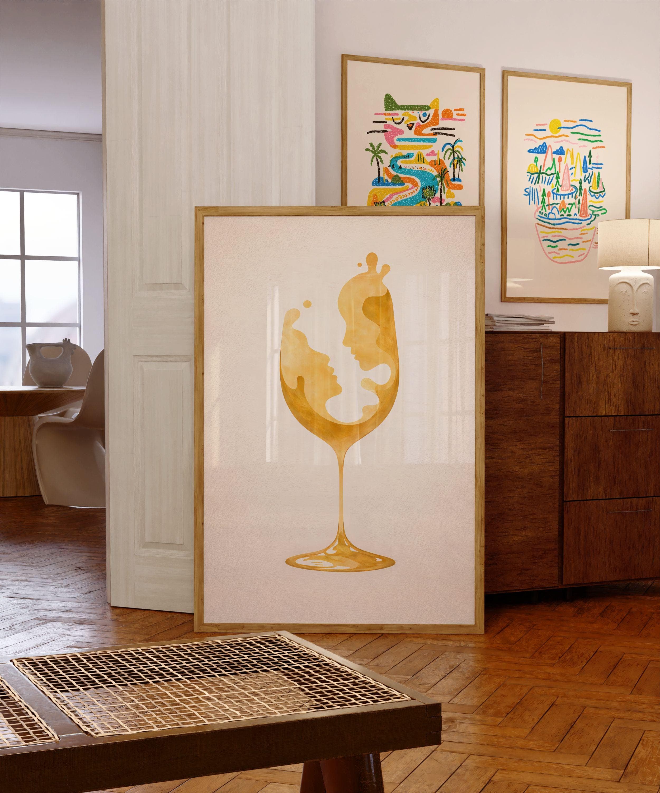Abstract Wine Glass Wall Art Print, Gold Minimalist Couple Face Line Art Poster, Romantic Modern Dining Room Bar Decor Gift, Wine Lover Gift