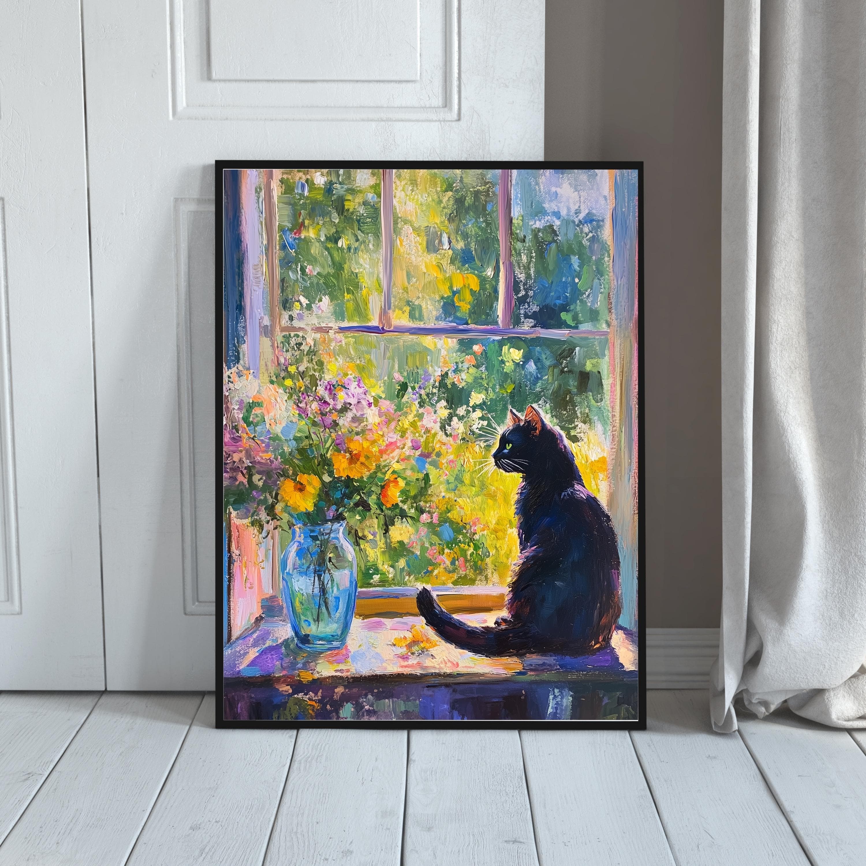 Whimsical Black Cat Art, Colorful Oil Painting, Cat Mom Gift, Digital Cat Art, Colorful Home Decor, Black Cat Oil Painting Poster - view 5