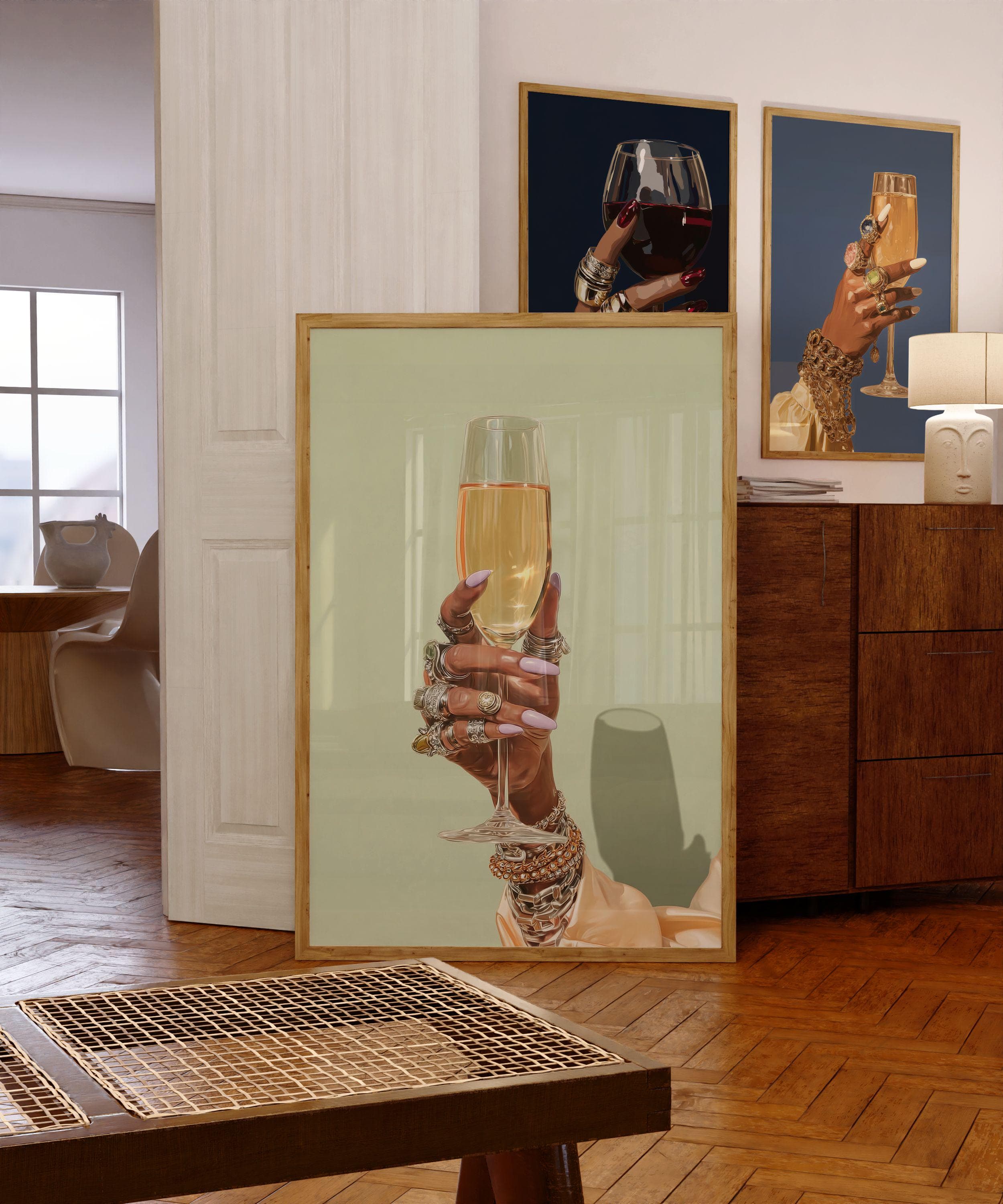 Black Woman Wall Art, Trendy Black Girl, Black Woman Painting, Bar Cart Decor, Modern Glam Wall Art, Feminine Jewelry Poster, Champagne Art