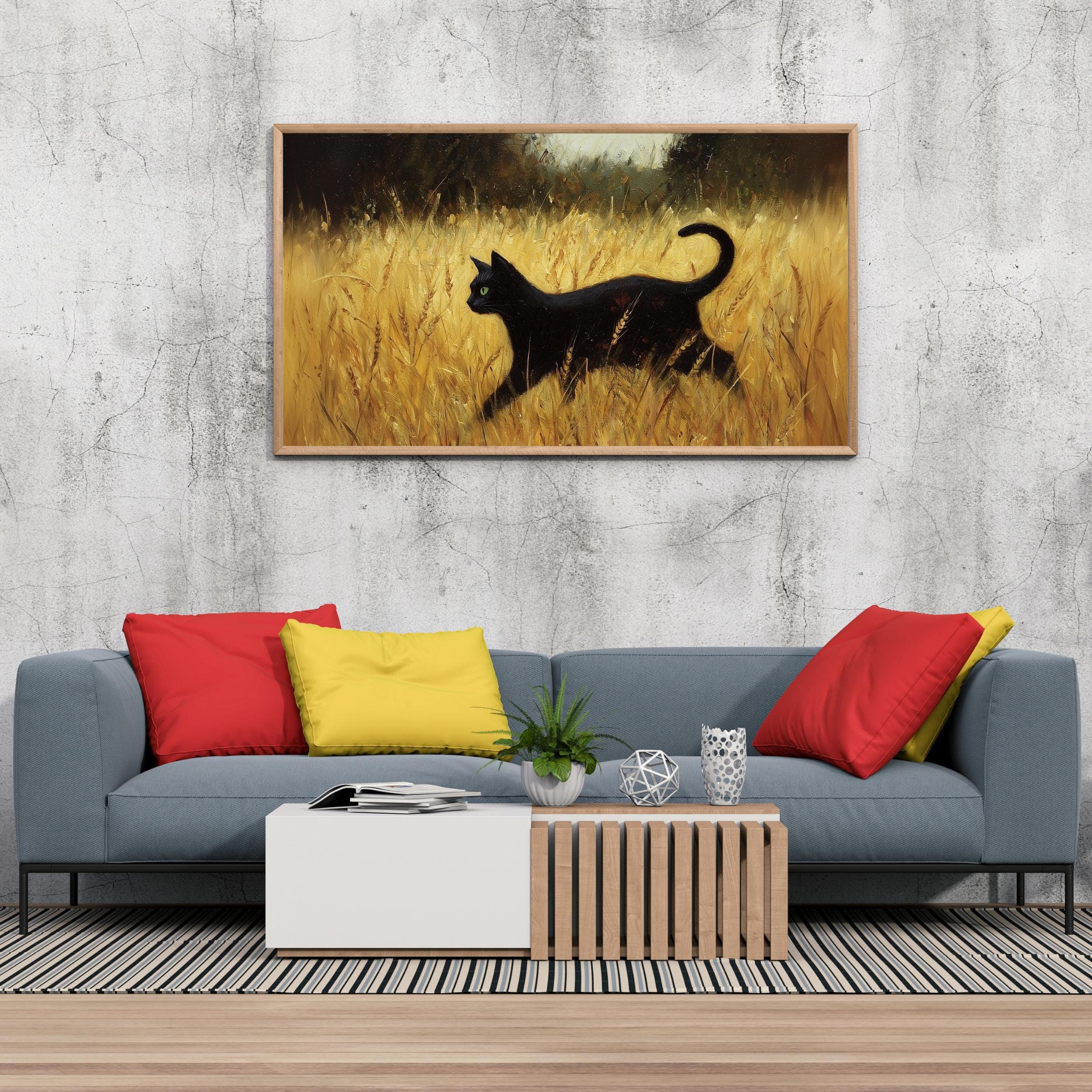 Black Cat Oil Painting Wall Art in Wheat Field, Yellow Gold Landscape, Green Eyes Cat Decor, Vintage Black Cat Wall Art, Vintage Black Cat - view 6
