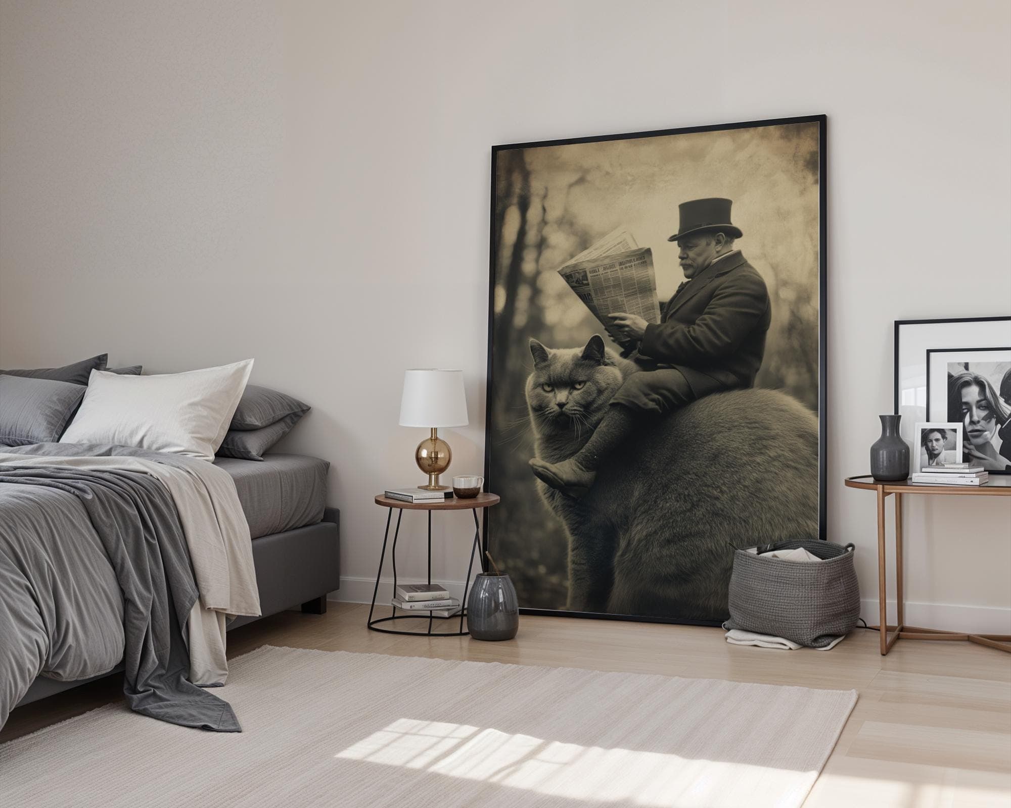 Vintage Cat Wall Art Funny Victorian Man Riding Fat Cat Reading Newspaper, Quirky Vintage Decor, Whimsical Animal Art, Dark Academia Decor - view 5
