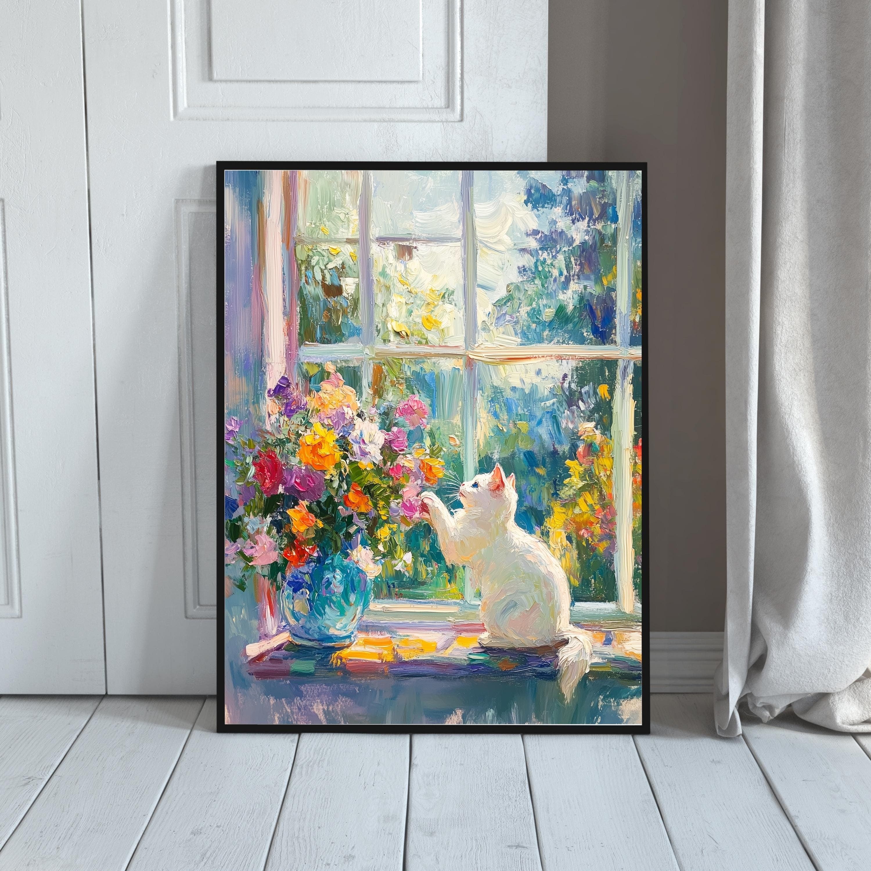 White Cat with Colorful Flowers Art Print, Matisse Style Oil Painting, Colorful Kitchen Decor, Cat Mom Gift, White Cat Painting, Cat Poster - view 5