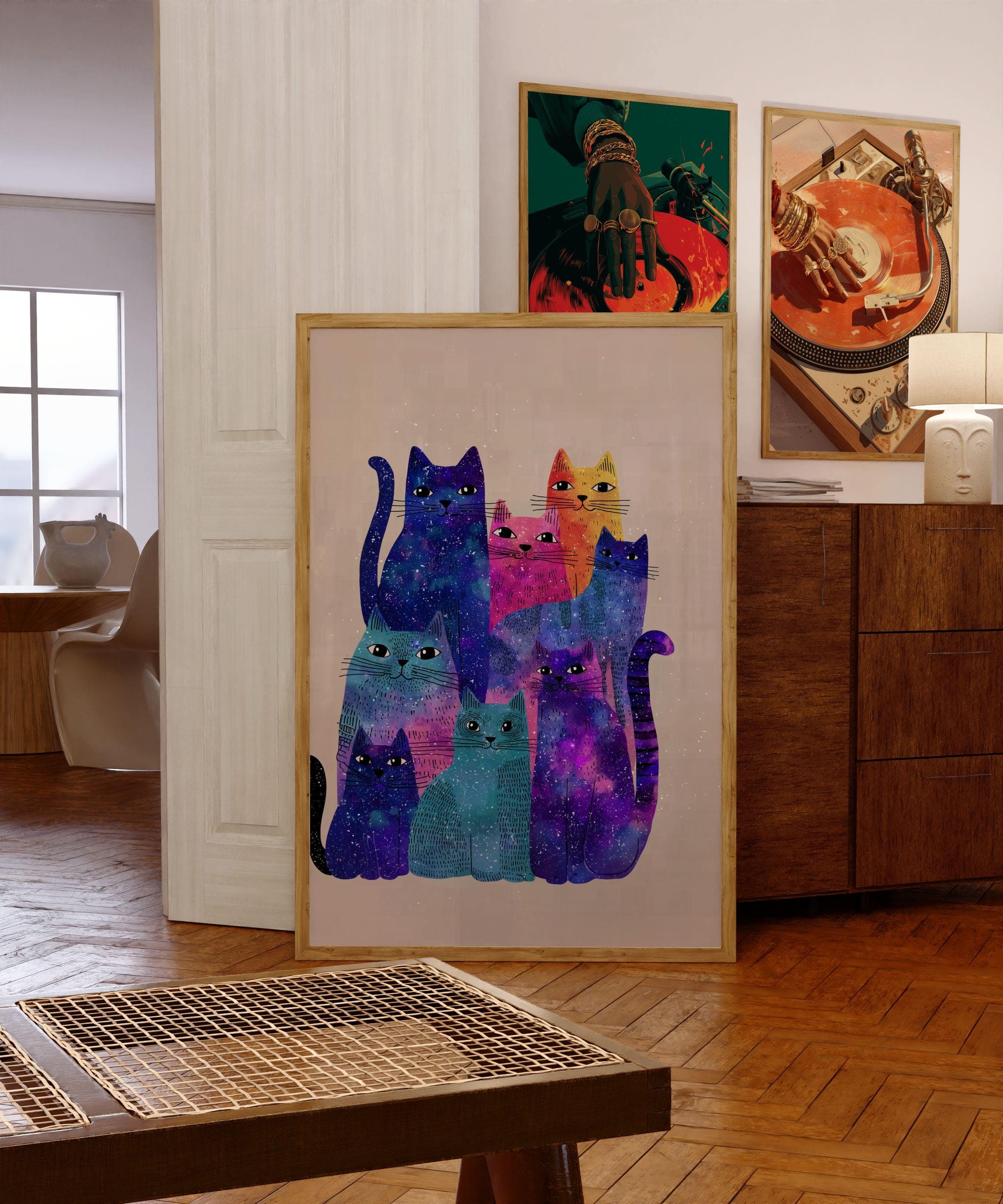 Abstract Galaxy Cats Art Print, Whimsical Animal Poster (Digital Download)