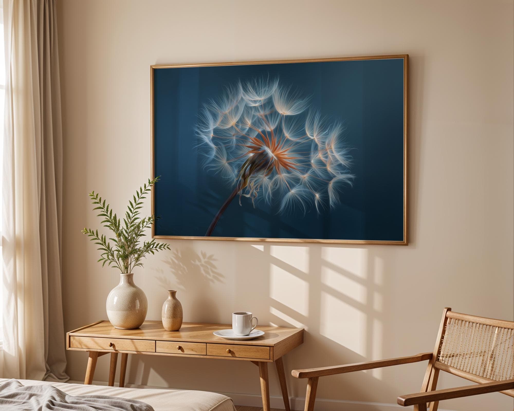 Dandelion Wall Art Digital Botanical Print Blue Background Minimal Nature Flower Poster, Glowing Botanical Digital Print, Dandelion Flower - view 4