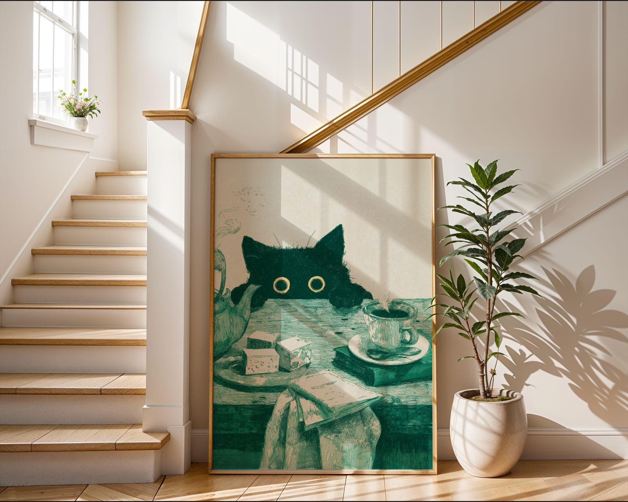 Funny Cat Kitchen Poster, Whimsical Black Cat Poster, Curious Cat Wall Art, Quirky Cat Decor, Vintage Cat Art Print, Emareld Green Wall Art - view 8