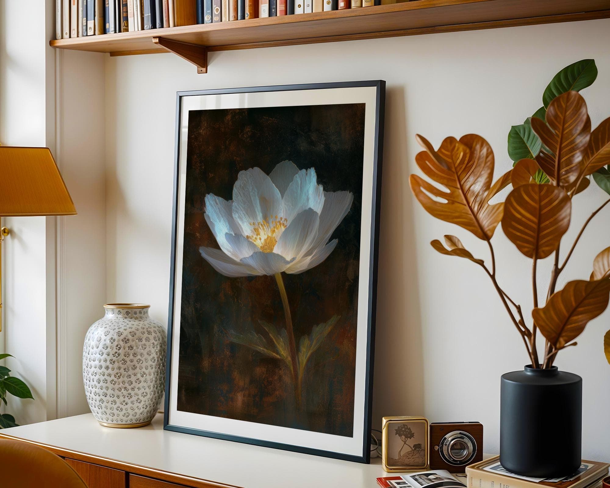 White Wildflower Wall Art Botanical Painting Print on Dark Rustic Background, Moody Floral Painting, White Flower Wall Art, Botanical Print - view 2