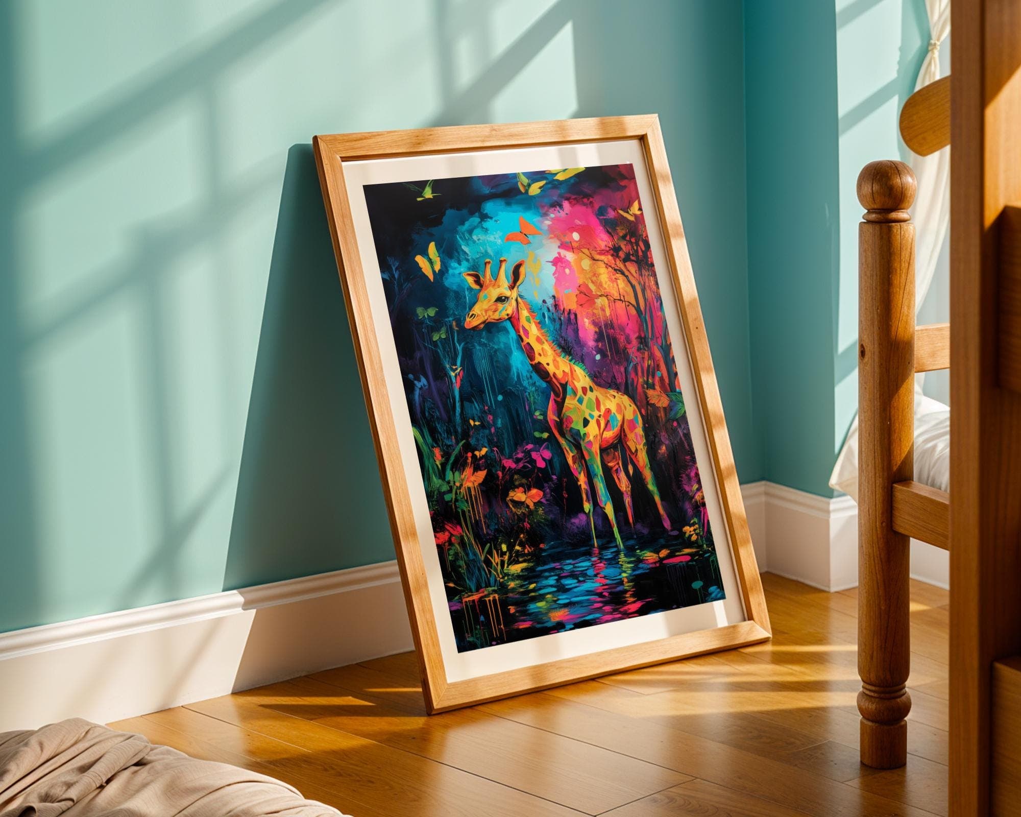 Colorful Giraffe Wall Art, Giraffe Wall Decor, Digital Animal Wall Art, Neon Giraffe in Jungle Poster, Colorful Animal Wall Art, Giraffe Art - view 3