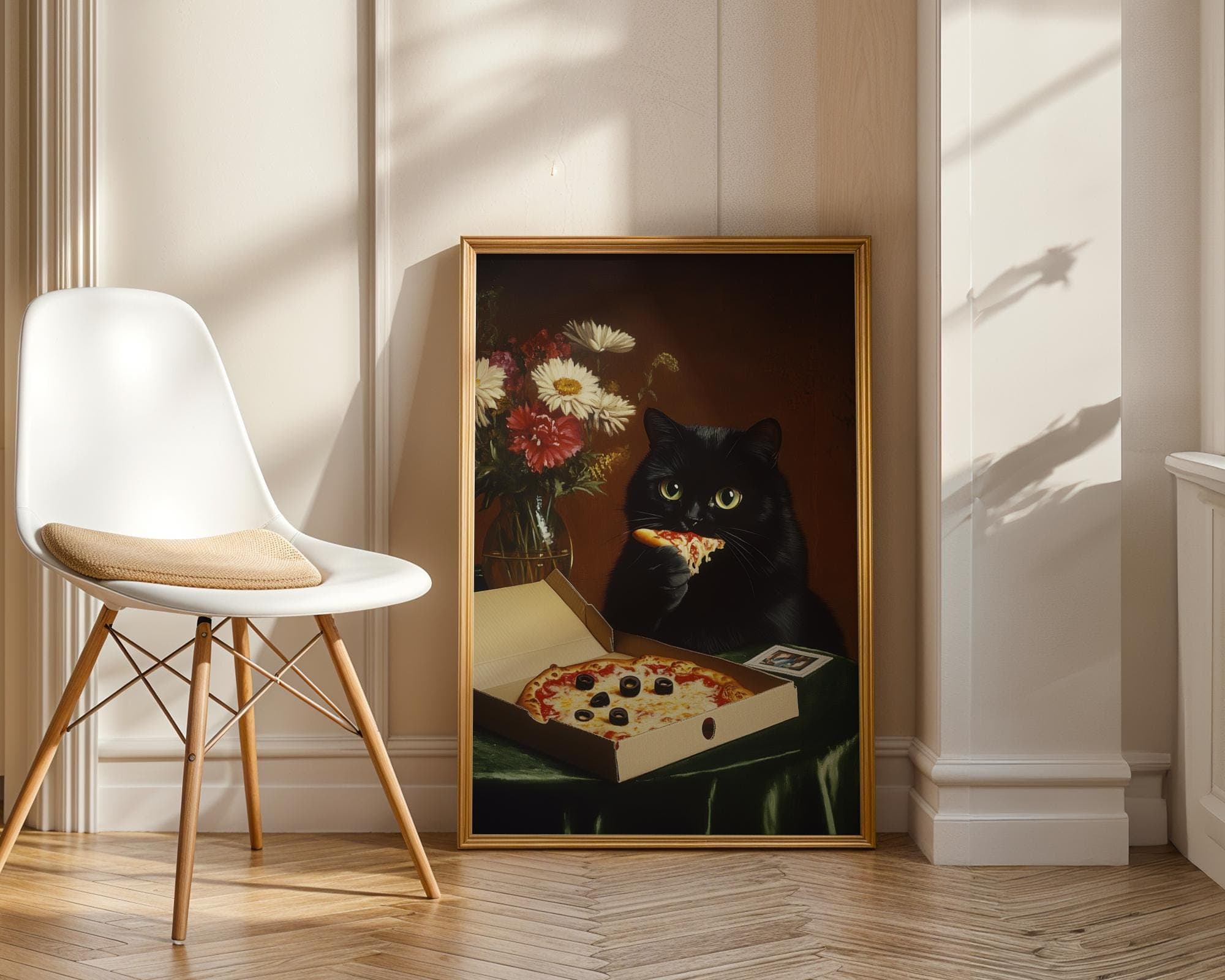 Funny Black Cat Wall Art, Humorous Cat Wall Art, Pizza Lover Gift, Dark Academia Cat Wall Art, Quirky Dining Room Poster, Digital Download - view 6