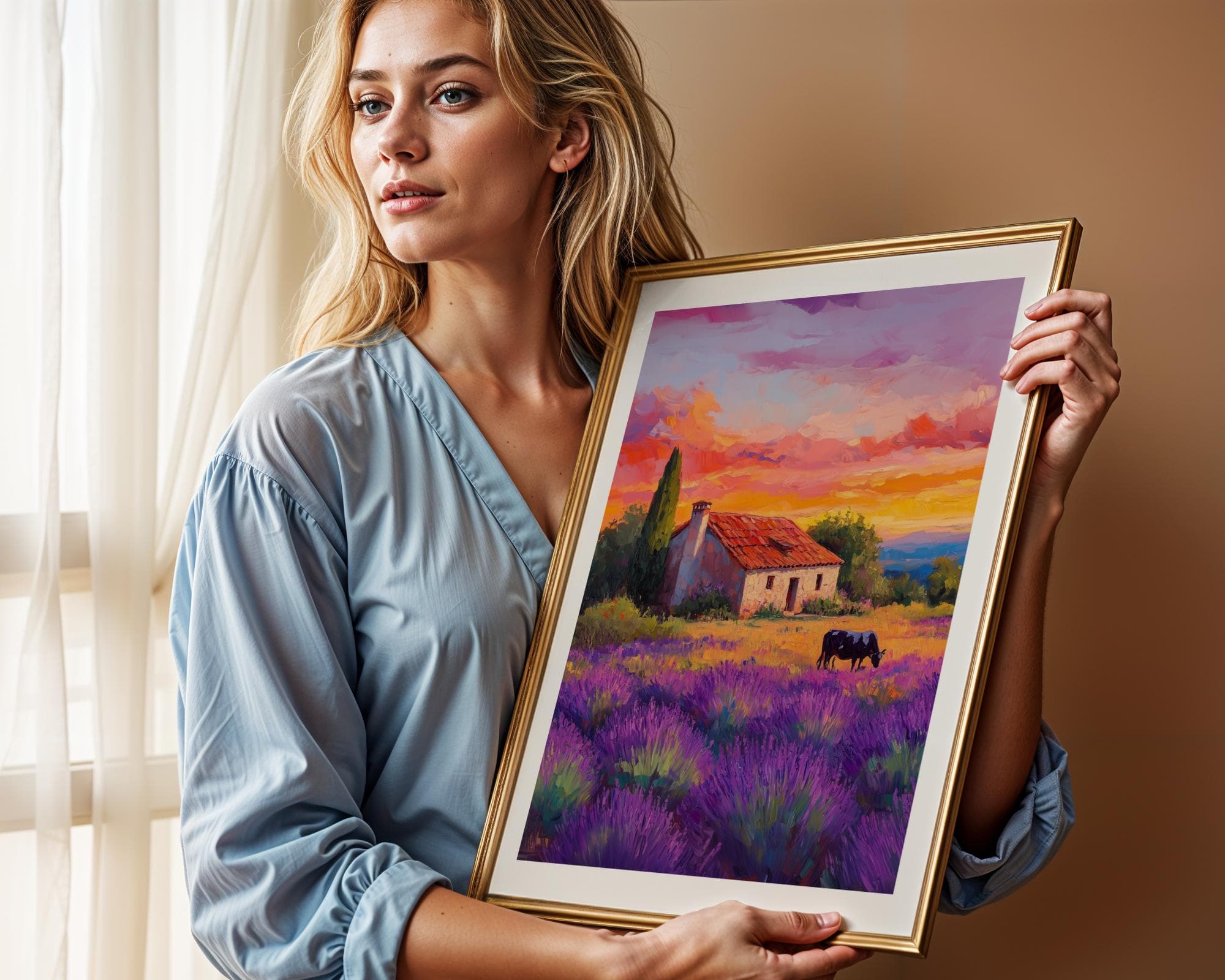 Lavender Field Wall Art, Farmhouse and Cow in Lavender Fields, Country Wall Art, Sunset Landscape Painting, Pastoral Provence Print, Digital - view 4