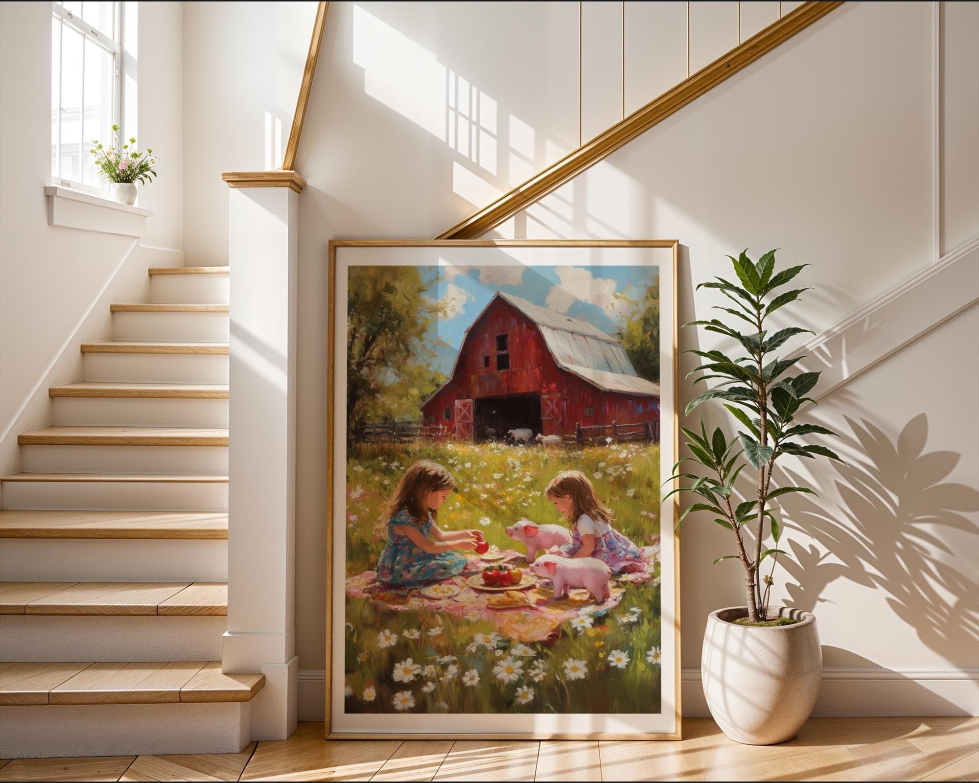 Farm Picnic Art Print, Vintage Farmhouse Nursery Print, Rural Pastoral Art, Whimsical Pastoral Kids Farm Print, Farm Girl Print, Printable - view 3