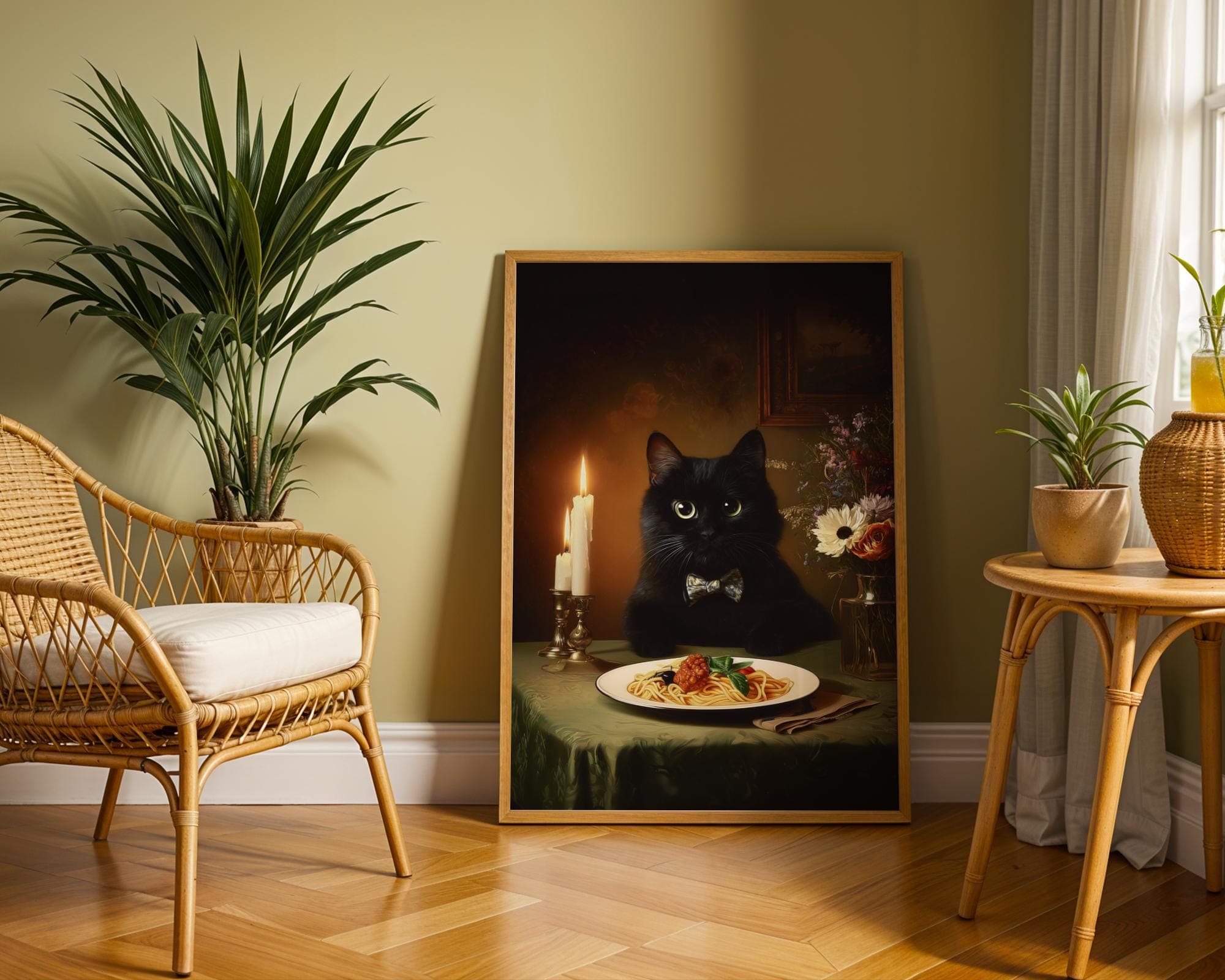 Black Cat Spaghetti Art Print, Funny Black Cat Wall Art, Pasta Lover Gift, Dark Academia Cat Wall Art, Quirky Dining Room Poster, Black Cat - view 4