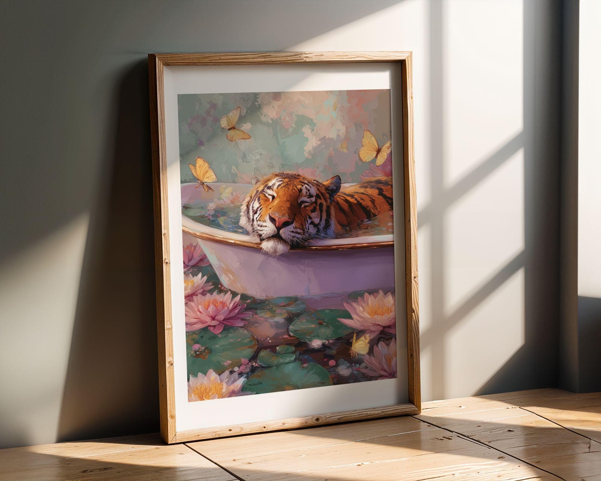 Tiger in Bathtub Wall Art, Trendy Tiger Wall Art, Maximalist Poster, Eclectic Prints, Whimsical Animal Wall Print, Botanical Animal Art - view 5