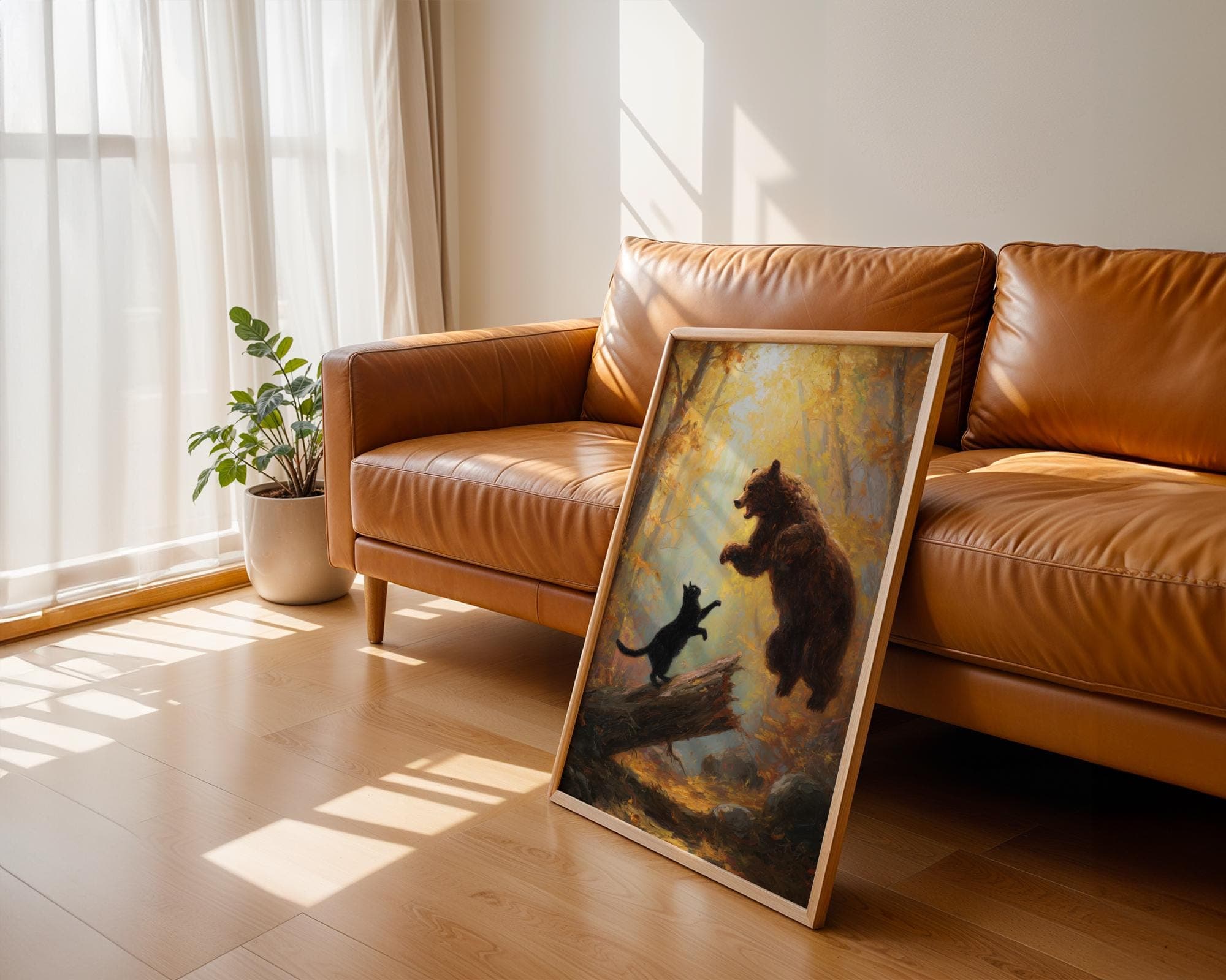 Bear and Cat Fantasy Print, Maximalist Cat and Bear Wall Art, Funny Black Cat Decor, Dramatic Oil Style Animal Painting, Funny Black Cat Art - view 3