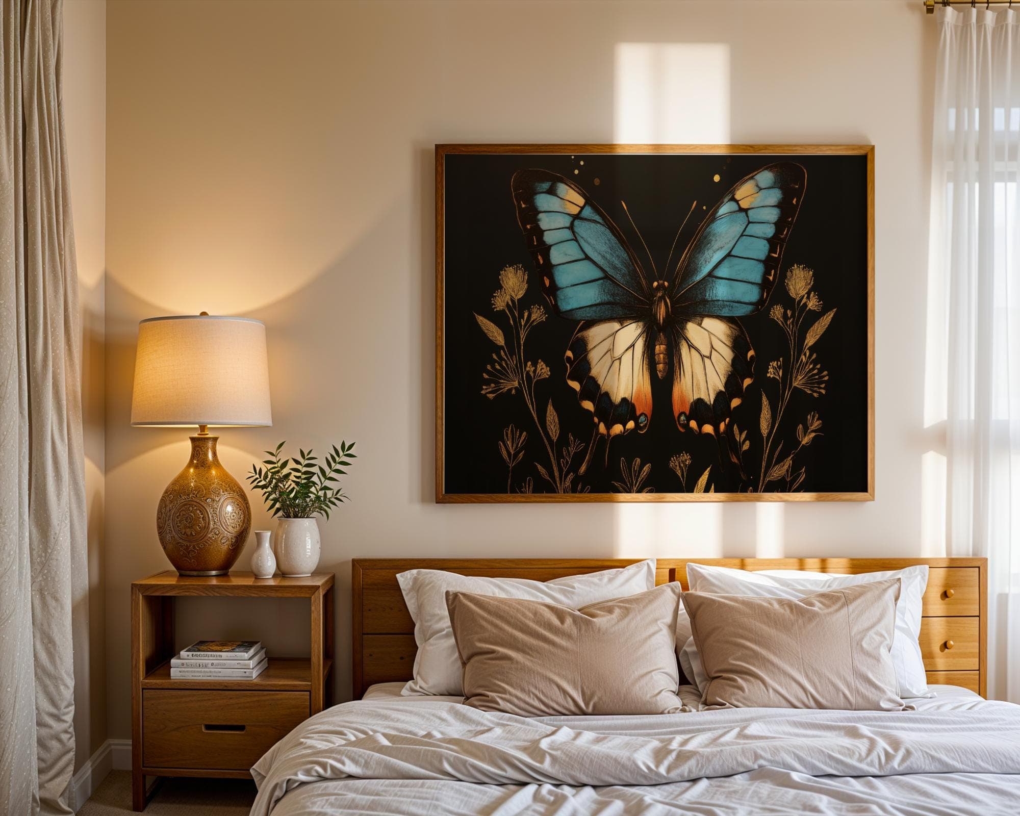 Blue Butterfly Botanical Wall Art Print – Vintage Insect, moody moth wall decor, butterfly printable, boho floral woodland moth cottagecore - view 2