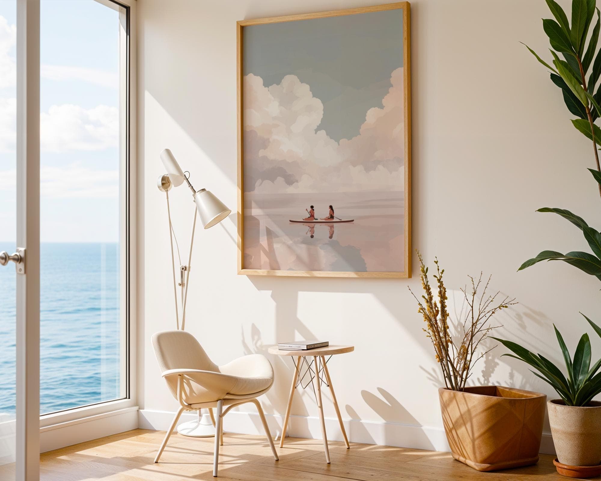 Pastel Paddle Board Wall Art, Two Women Paddle Boarding in Soft Pink Clouds, Relaxing Coastal Wall Print, Aesthetic Beach House Art, Digital - view 5