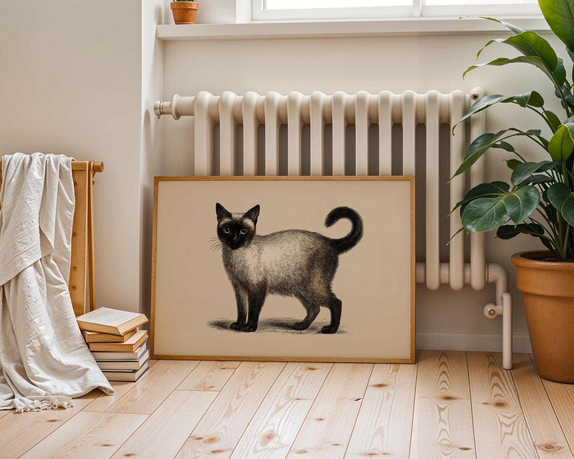 Siamese Cat Print, Vintage Cat Poster, Line Art Siamese Cat, Sepia Beige Wall Print, Minimal Cat Decor, Cat Lover Gift, Digital Animal Art
