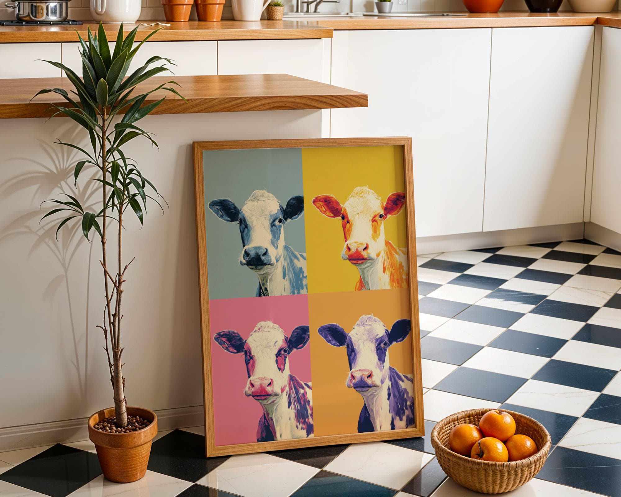 Pop Art Cow Wall Art, Pop Art Cow Quad, Colorful Cow Poster – Funny Animal Art, Retro Animal Art, Whimsical Animal Art, Funky Wall Art - view 3