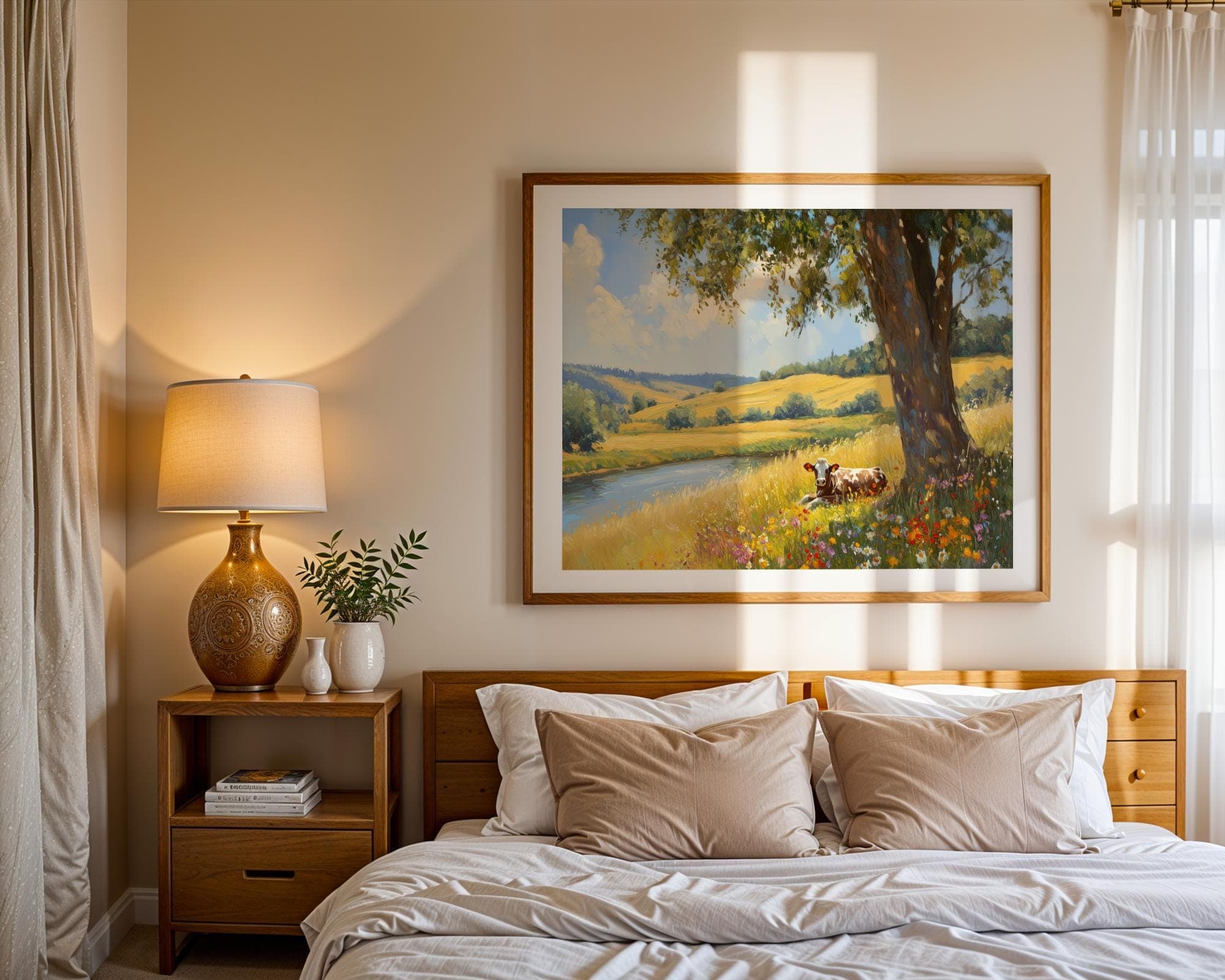 Pastoral Landscape Cow Wall Art, Peaceful River and Wildflower Field Painting, Country Wall Art Print, Country Cottage Art, Landscape Art - view 5