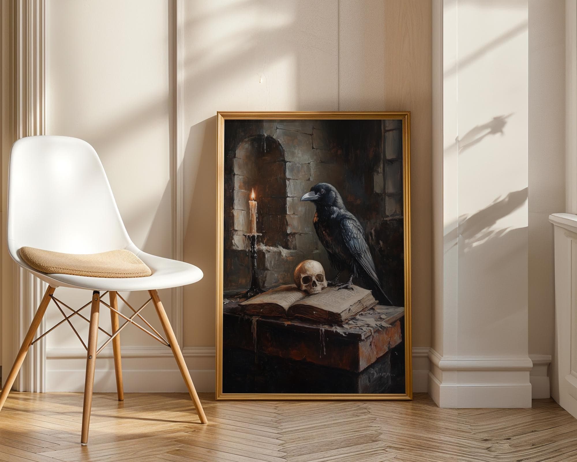 Gothic Raven Skull Grimoire Wall Art, Dark Academia Candle Book Painting, Witchcore Occult Decor Print, Macabre Candlelit Raven Art Print - view 2