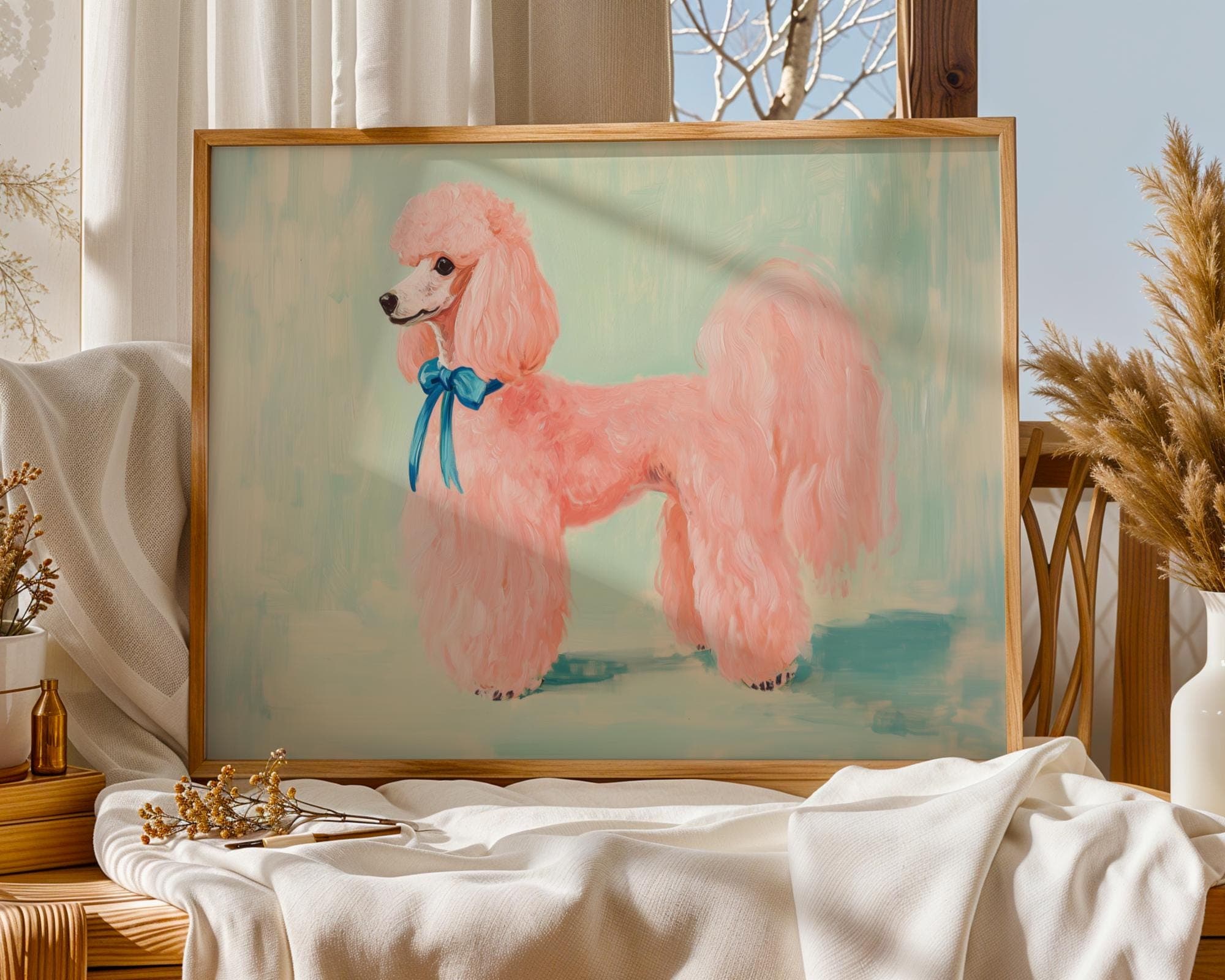 Pink Poodle Digital Art Print - Playful Animal Wall Art for Kids and Modern Rooms - Bold Color Palette,Pink Poodle Wall Art Print, Poddle