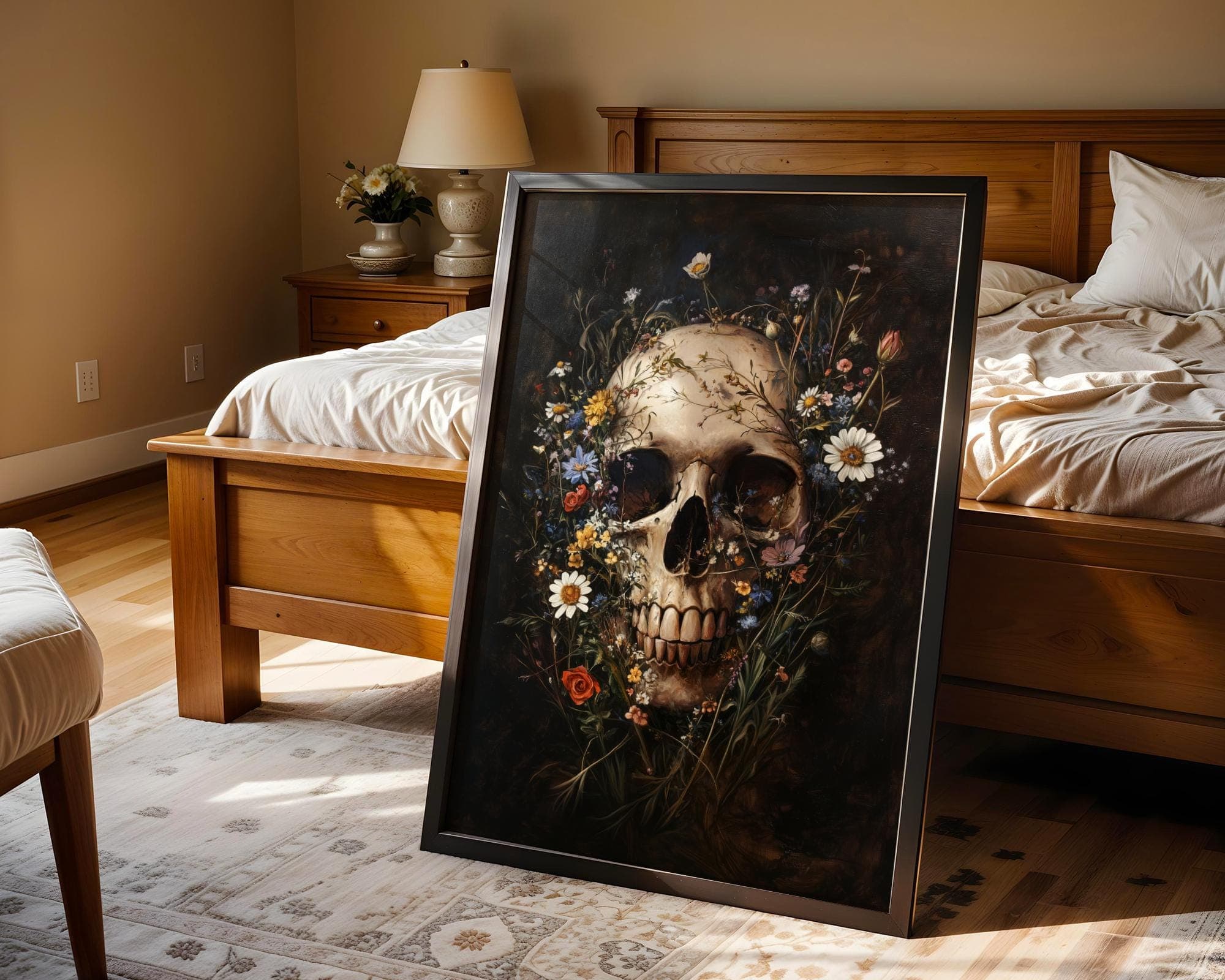 Floral Skull Wall Art, Gothic Botanical Skull Print, Dark Academia Aesthetic, Floral Skull Poster, Vintage Skull and Flowers Wall Art - view 3
