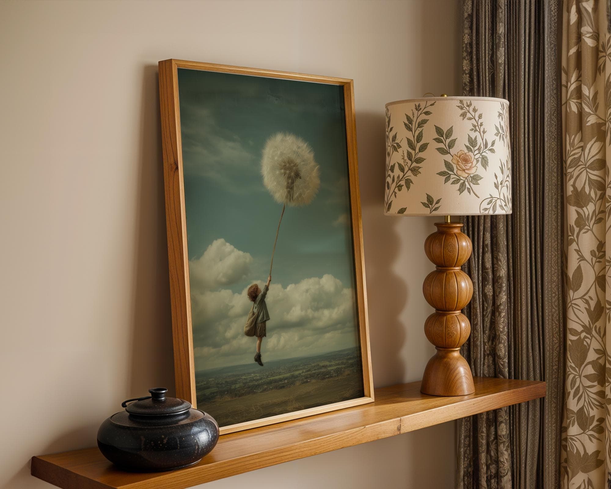 Whimsical Child Holding Giant Dandelion Wall Art, Surreal Flying Fantasy Poster, Surreal Vintage Wall Decor, Digital Download, Surreal Gift - view 5