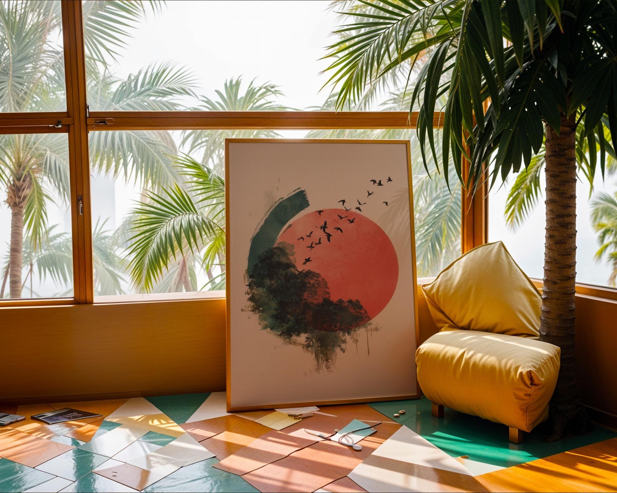 Minimalist Japandi Art Print, Red Sun, Birds, Trees (Digital Download) - view 4