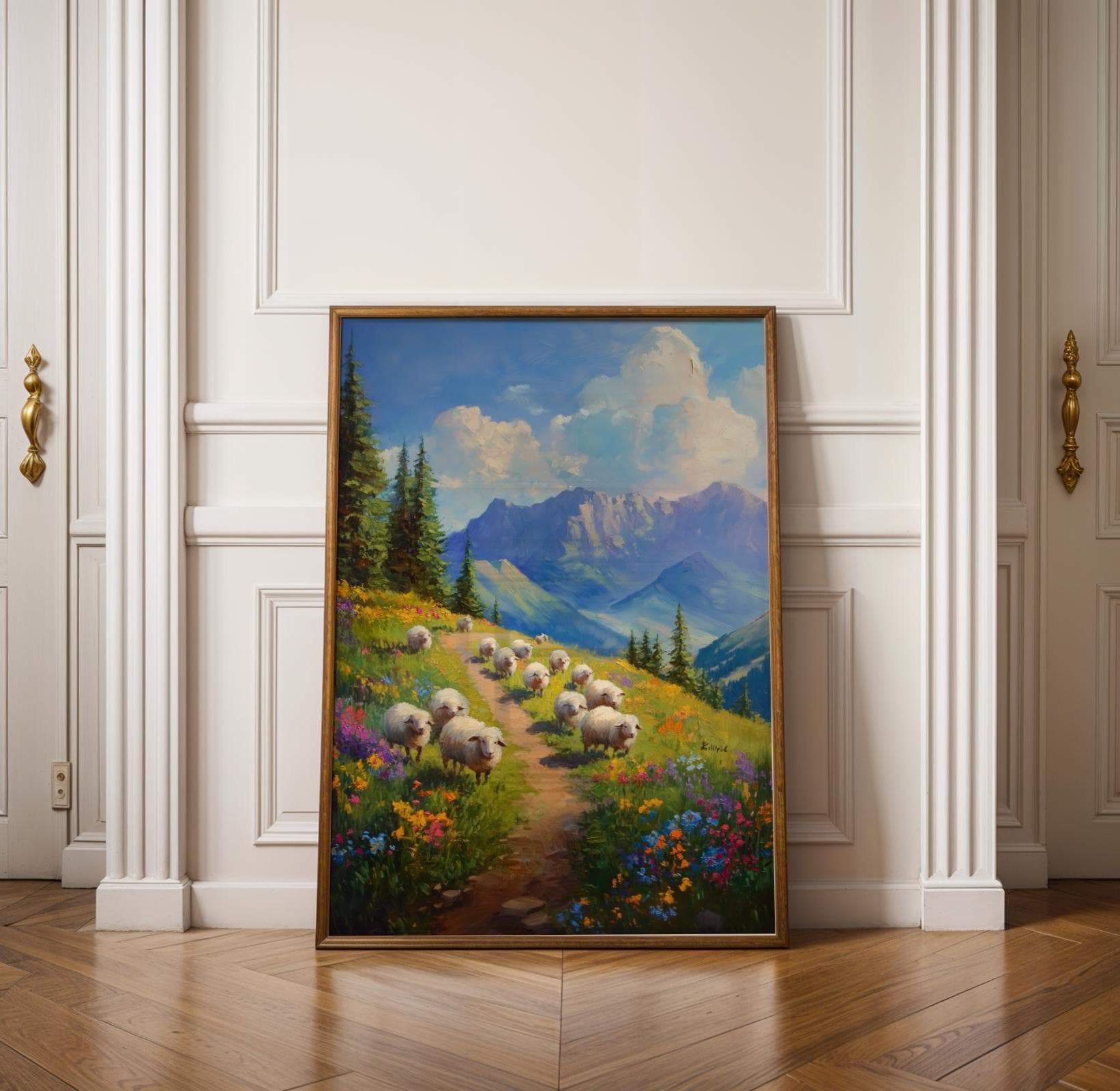 Pastoral Mountain Path Art, Wildflower Meadow Landscape Wall Decor, Nature Lover Wall Decor, Peaceful Nature Wall Print, Sheep Painting