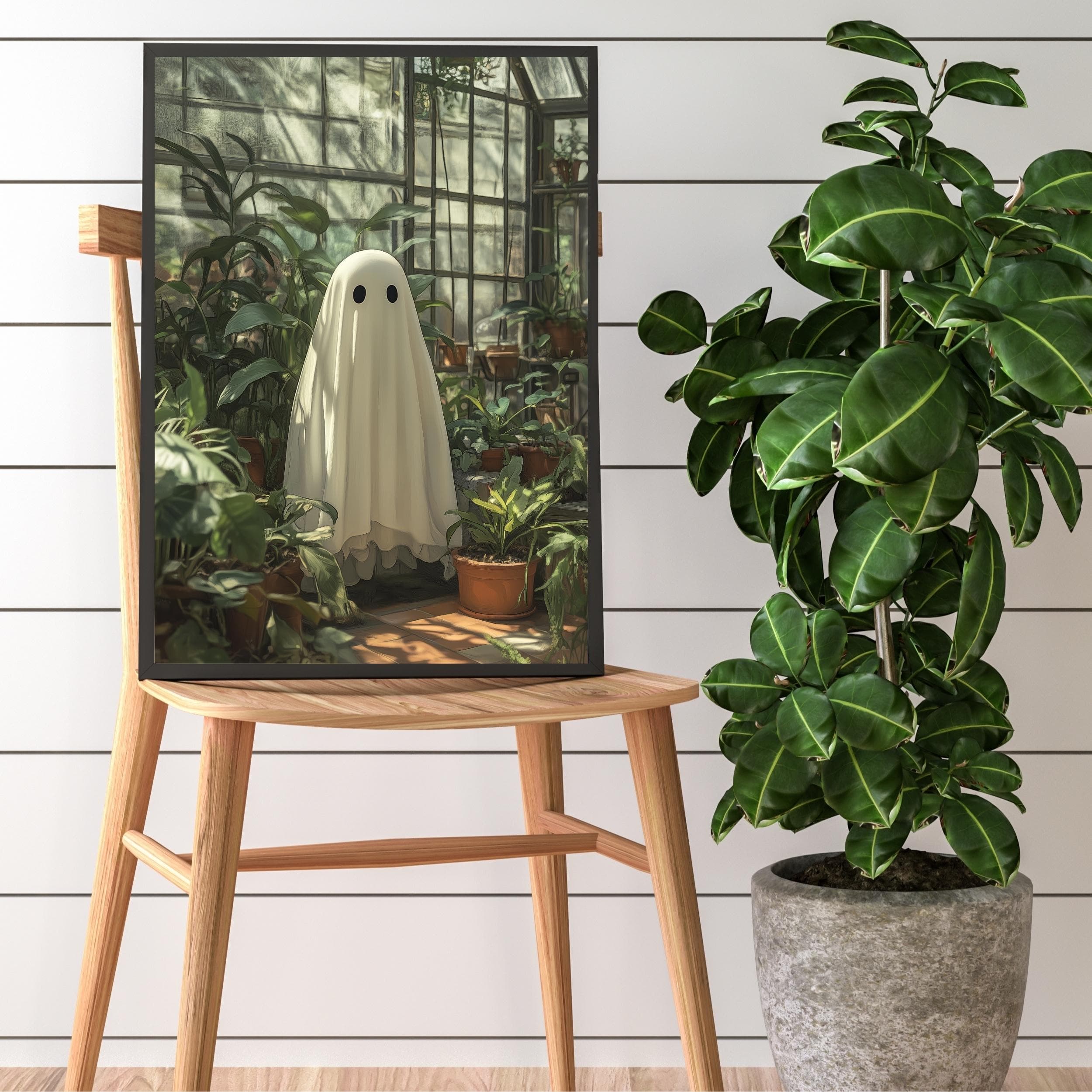 Ghost in Heathouse, Moody Plants and Ghost Painting, Cottagecore Ghost Art Print, Halloween Poster Home Decor, Whimsical Halloween Wall Art - view 6