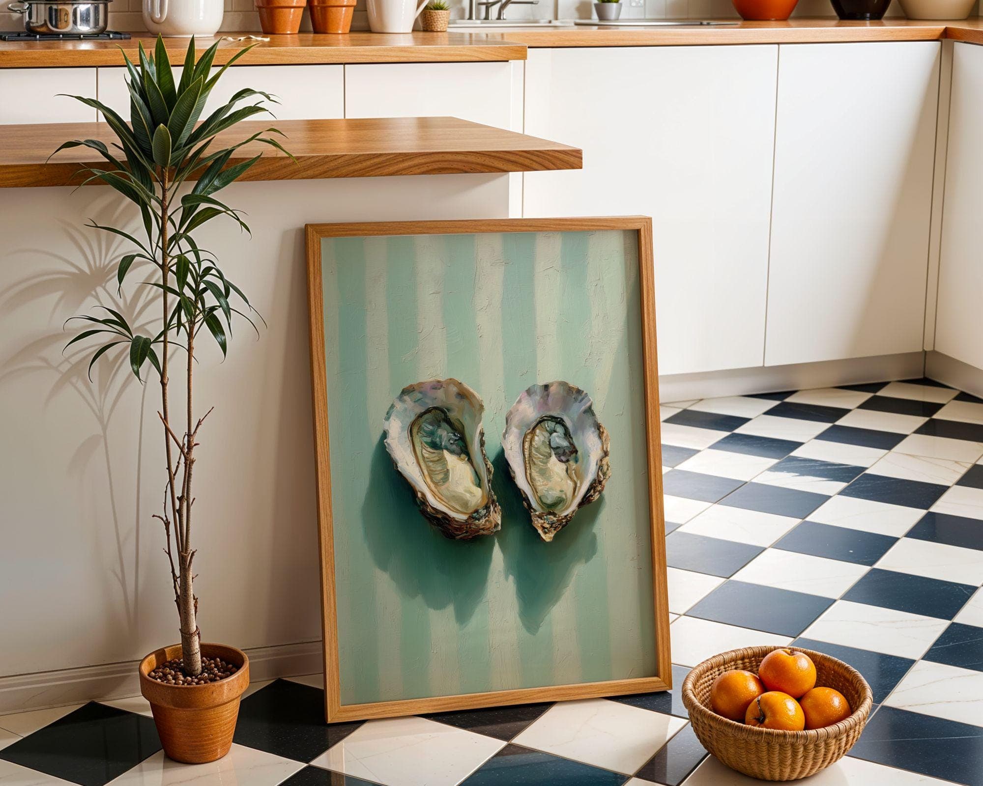 Oyster Shell Wall Art Print, Coastal Bathroom Decor, Mint Stripe Beach House Wall Art, Double Oyster Painting, Preppy Coastal Decor - view 5