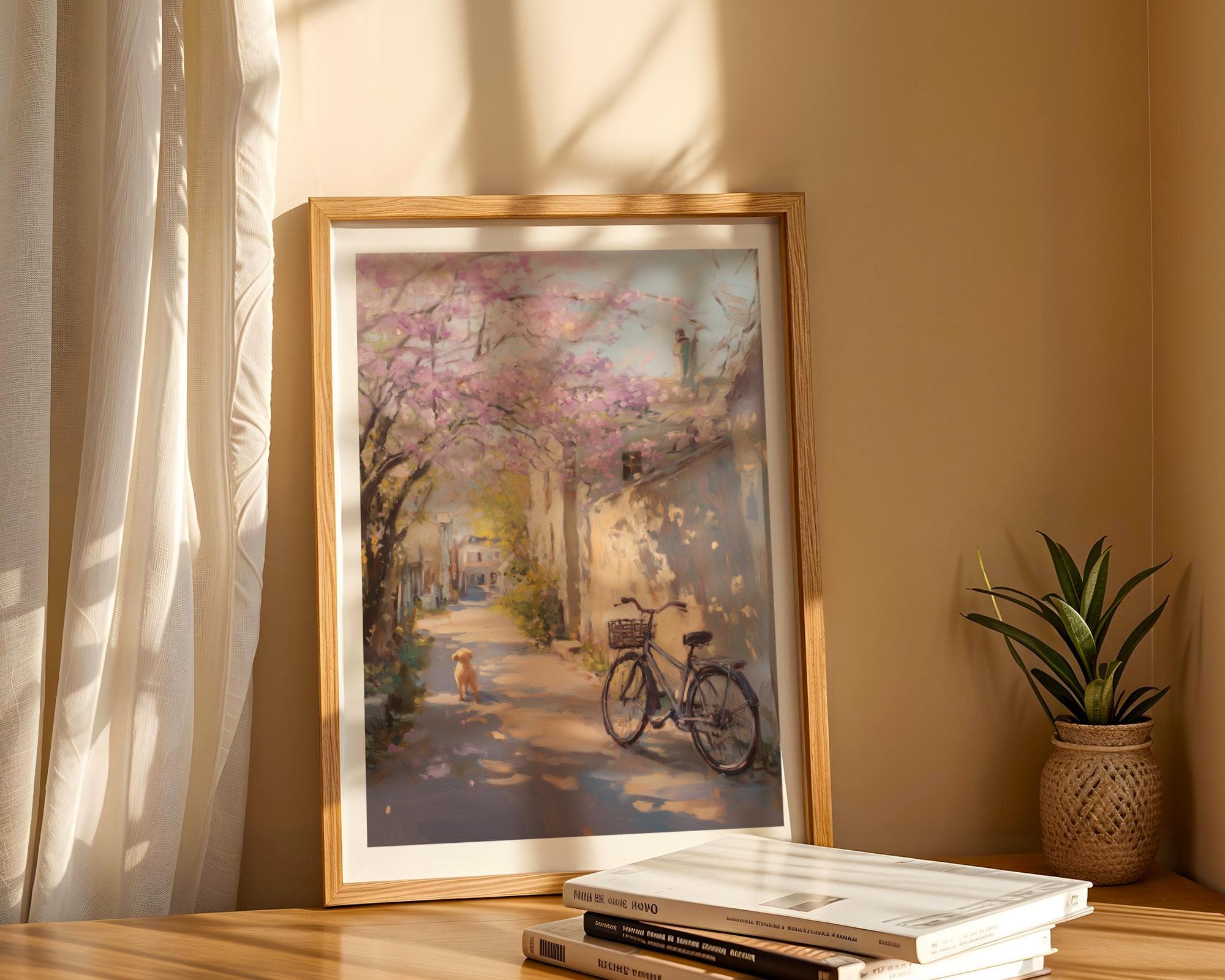 Cherry Blossom Street Print, Dog and Vintage Bike Poster, Pastel Blossom Street Print, Cottagecore Blossom Decor, Floral Alley Wall Print - view 4