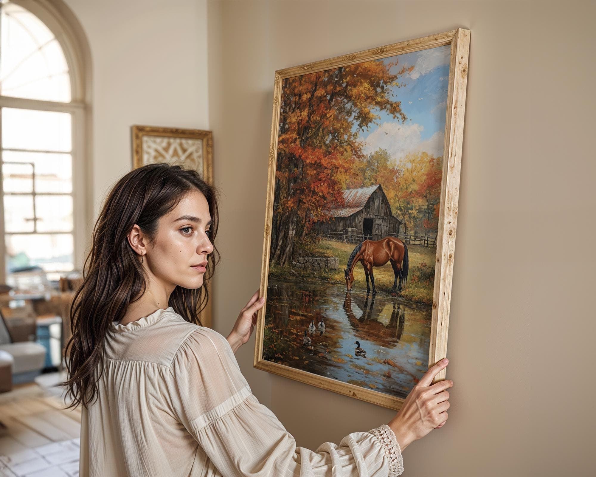 Pastoral Horse Farm Wall Print, Farmhouse Nature Wall Decor, Golden Fall Countryside Print, Countryside Reflection Print, Digital Download - view 2