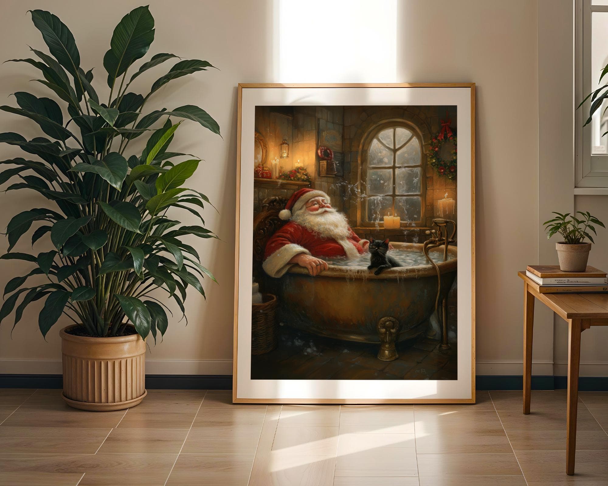 Santa Claus and Black Cat in Bathtub DIGITAL DOWNLOAD, Cat PRINTABLE Wall Art, Maximalist Christmas Home Decor, Santa and Black Cat Wall Art - view 6