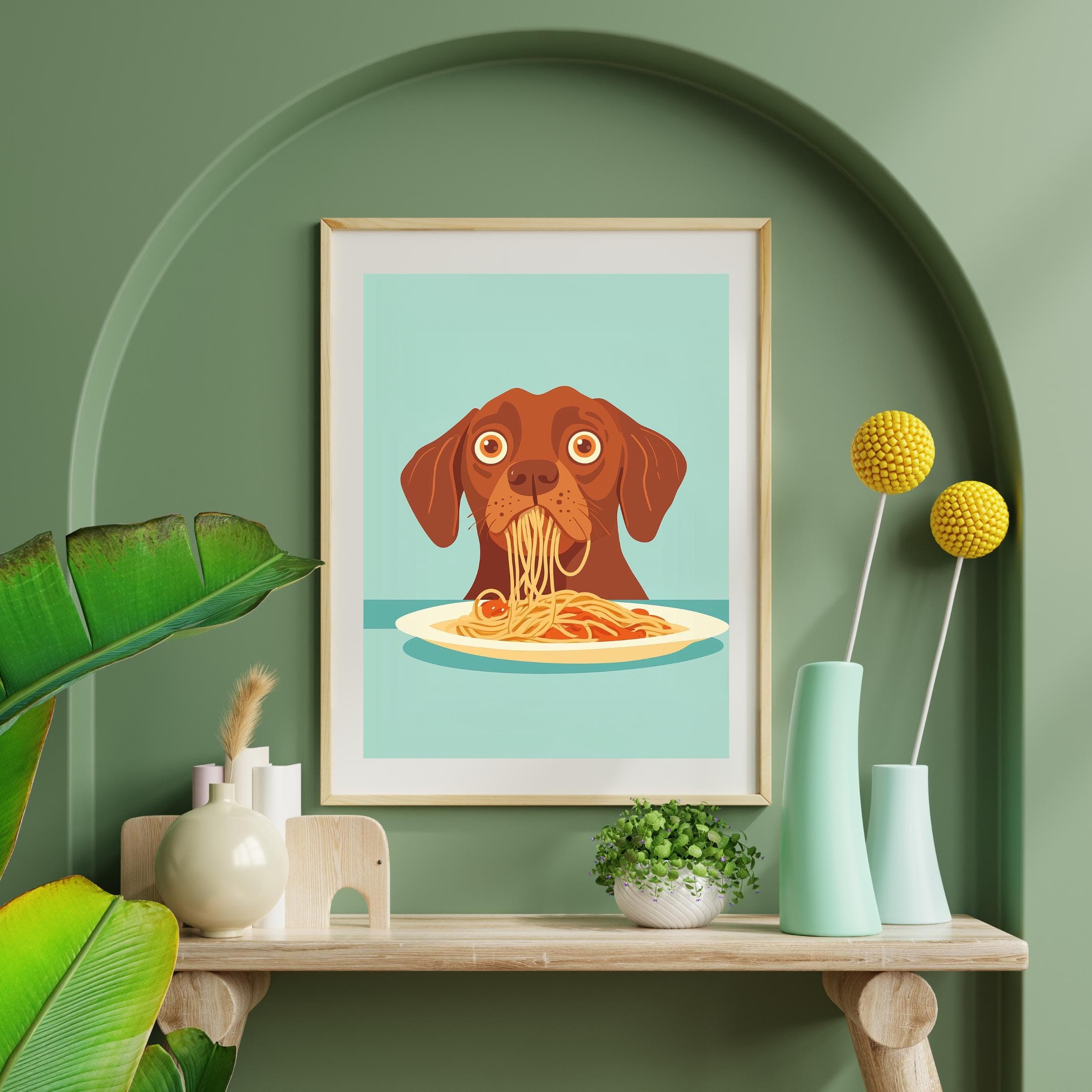 Brown Dog Spaghetti Art Print, Whimsical Dog Kitchen Decor, Brown Dog Pasta Print, Charming Dog Kitchen Print, Maximalist Dog Art, Dog Art - view 3