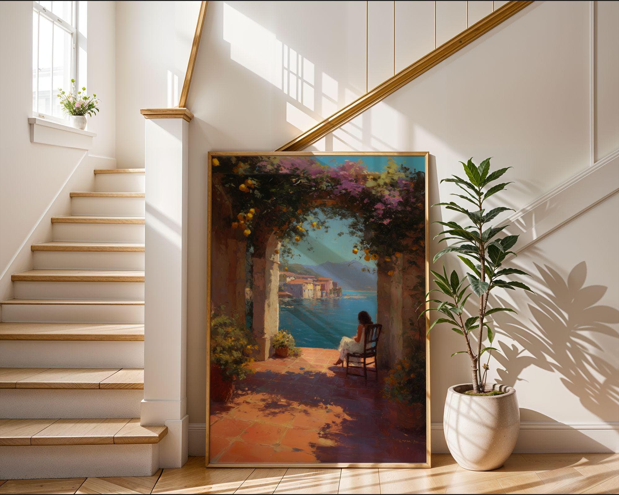Mediterranean Terrace Wall Art, Romantic Coastal Print, Italian Coast Art Print, Mediterranean Wall Decor, Romantic Italy Wall Print - view 3