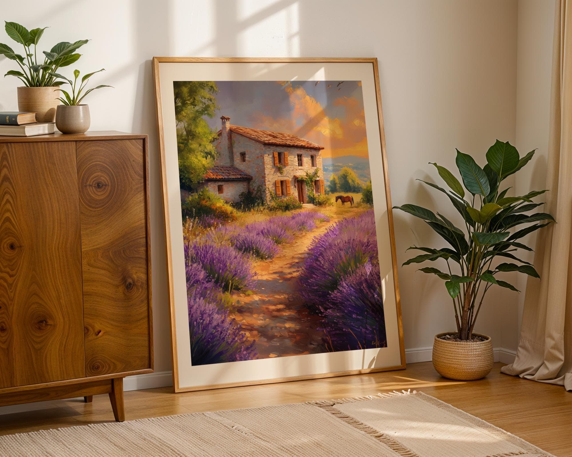 Lavender Farmhouse Wall Art, Rustic Provence Cottage Wall Decor, Stone Cottage Wall Art, Horse and Lavender Meadow Painting, Country Decor - view 2