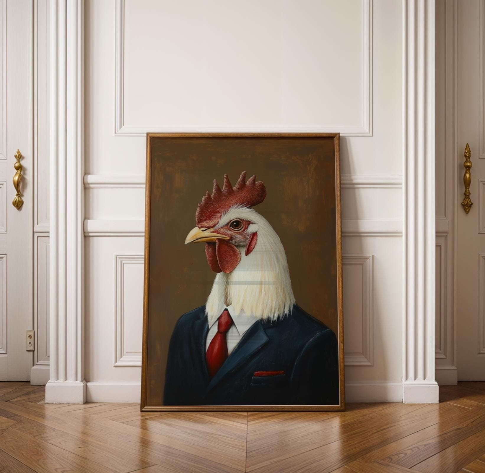 Funny Chicken Portrait, Rustic Digital Print, Quirky Farm Decor, Rooster Poster, Chicken Printable Wall Art, Brown Background Animal Print
