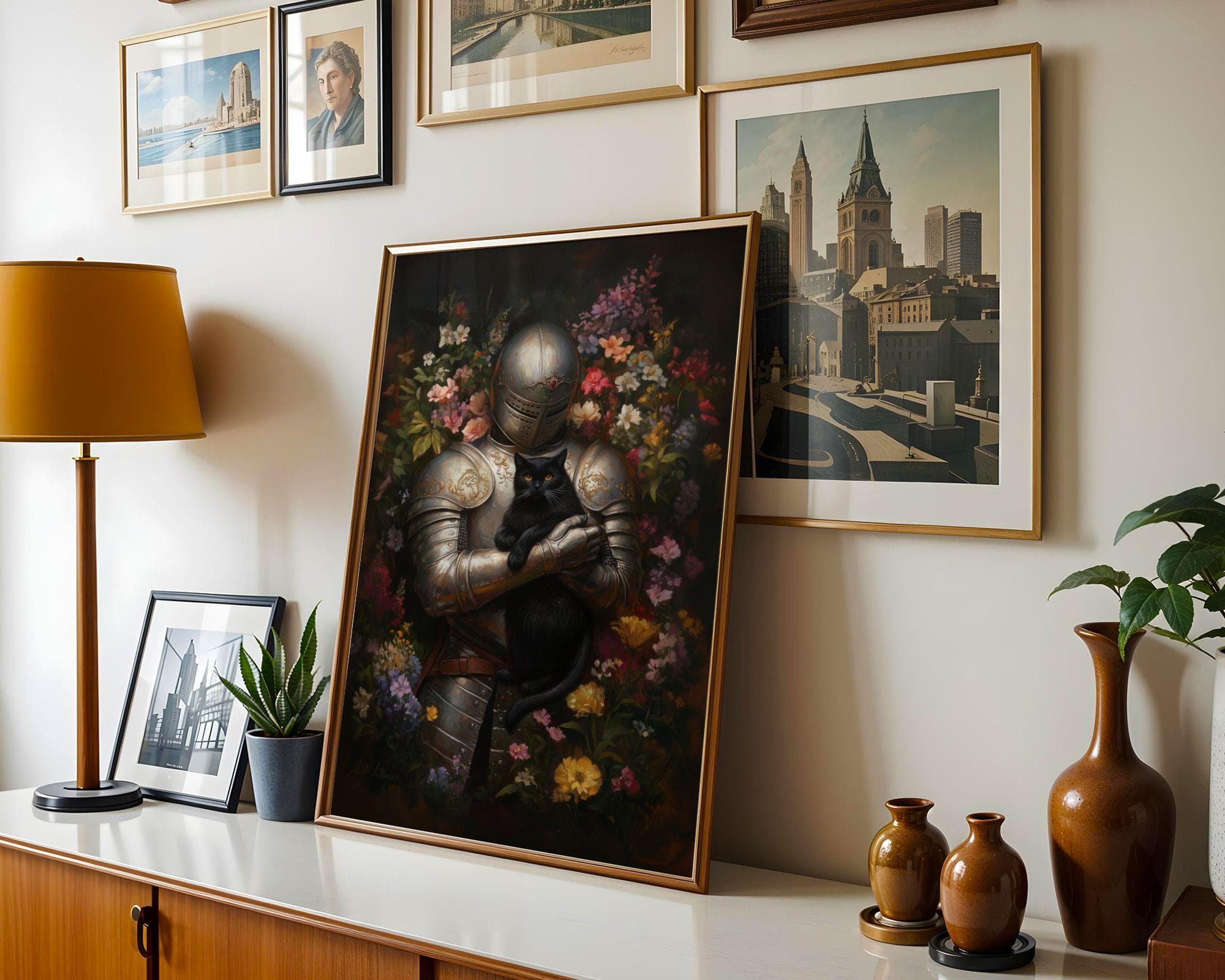 Medieval Knight and Black Cat Painting, Medieval Fantasy Painting, Fantasy Art, Whimsical Cat Decor, Digital, Maximalist, Floral Art Decor - view 2
