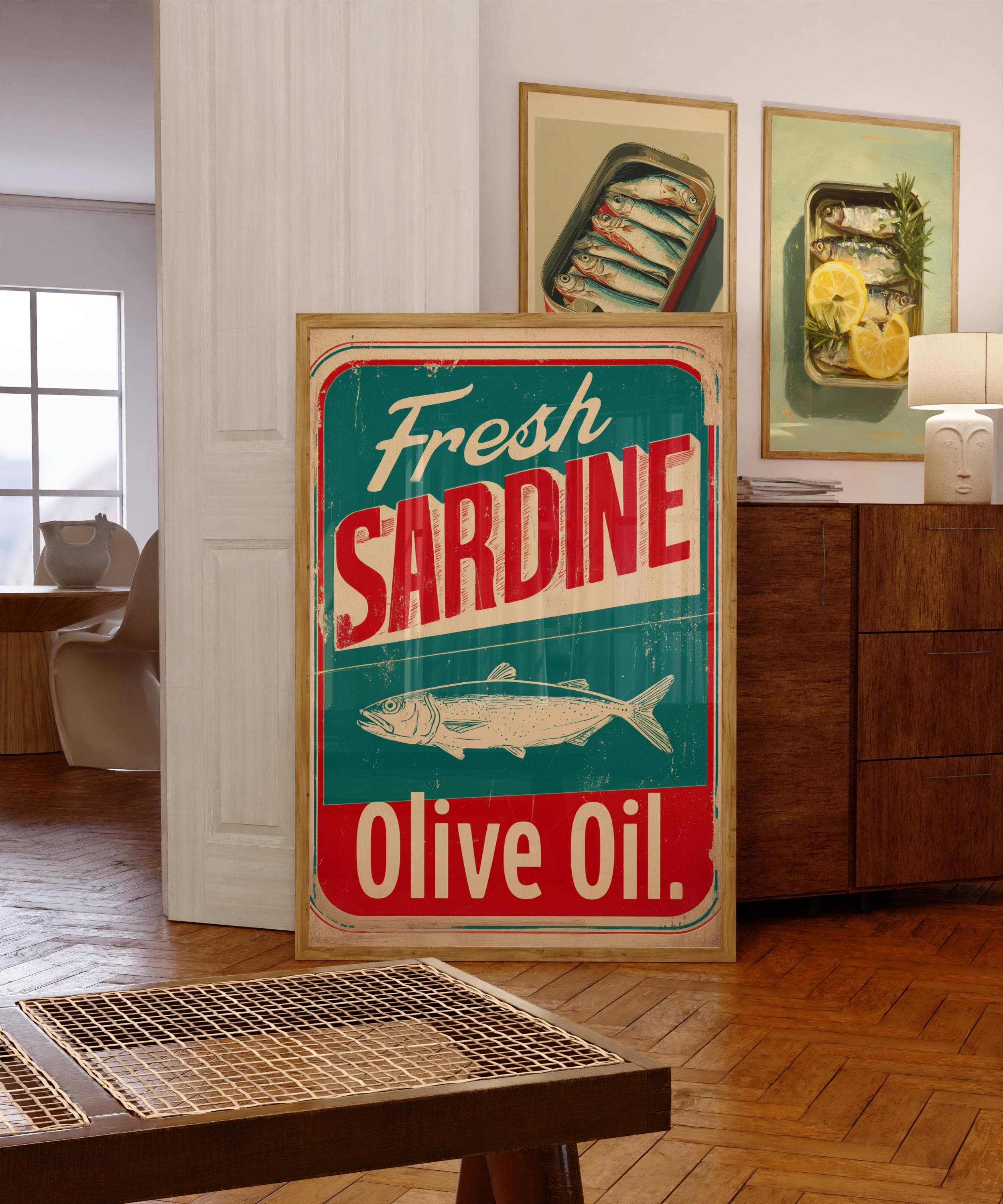 Vintage Fresh Sardine Sign Wall Art, Retro Kitchen Print Rustic Fish Olive Oil Decor, Classic Sardine Print, Retro Fish Tin Sign, Digital