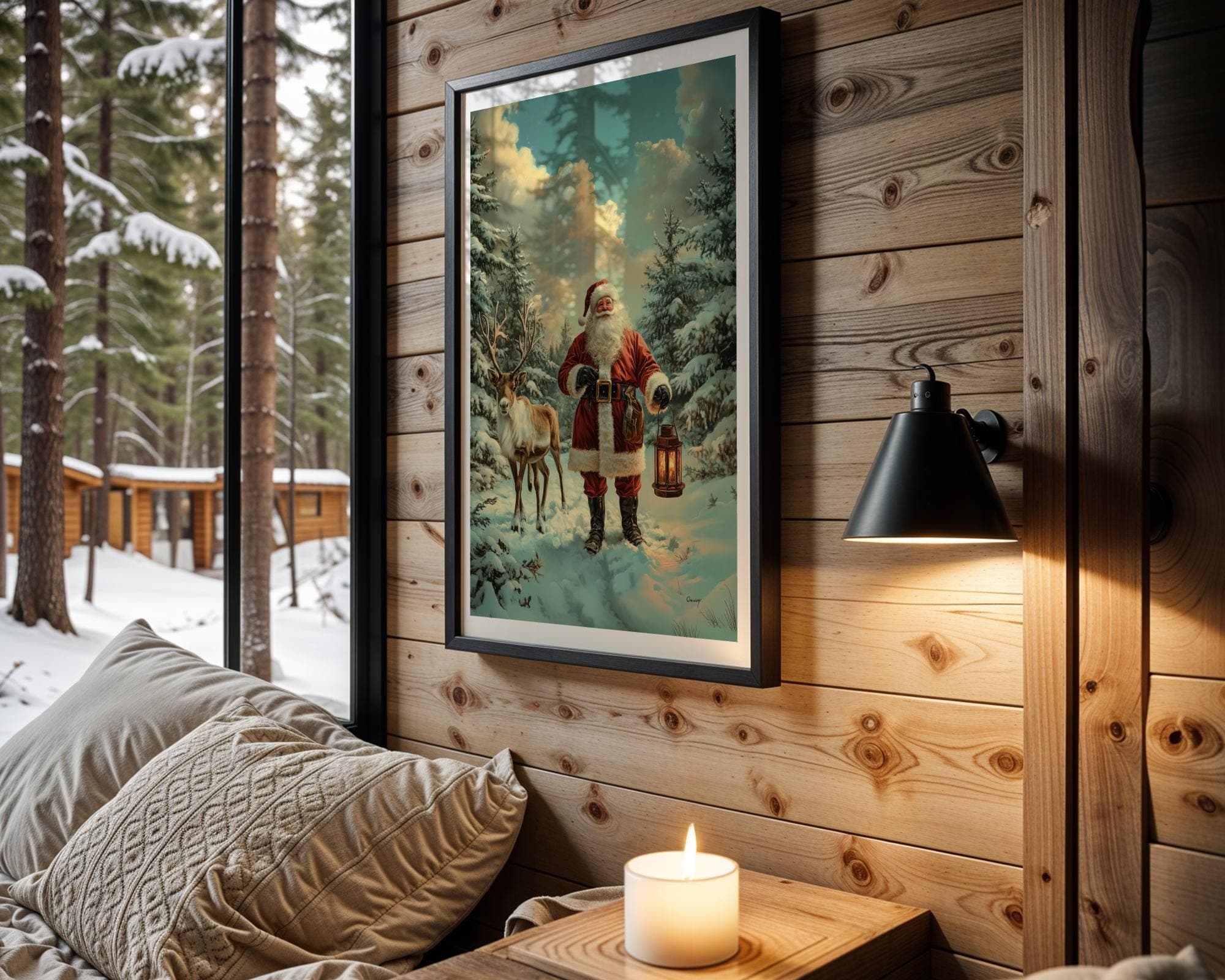 Santa Claus and Reindeer in a Snowy Forest - Winter Christmas Wall Art Print, Nostalgic Christmas Wall Decor, Christmas Wall Art, Santa Art - view 4